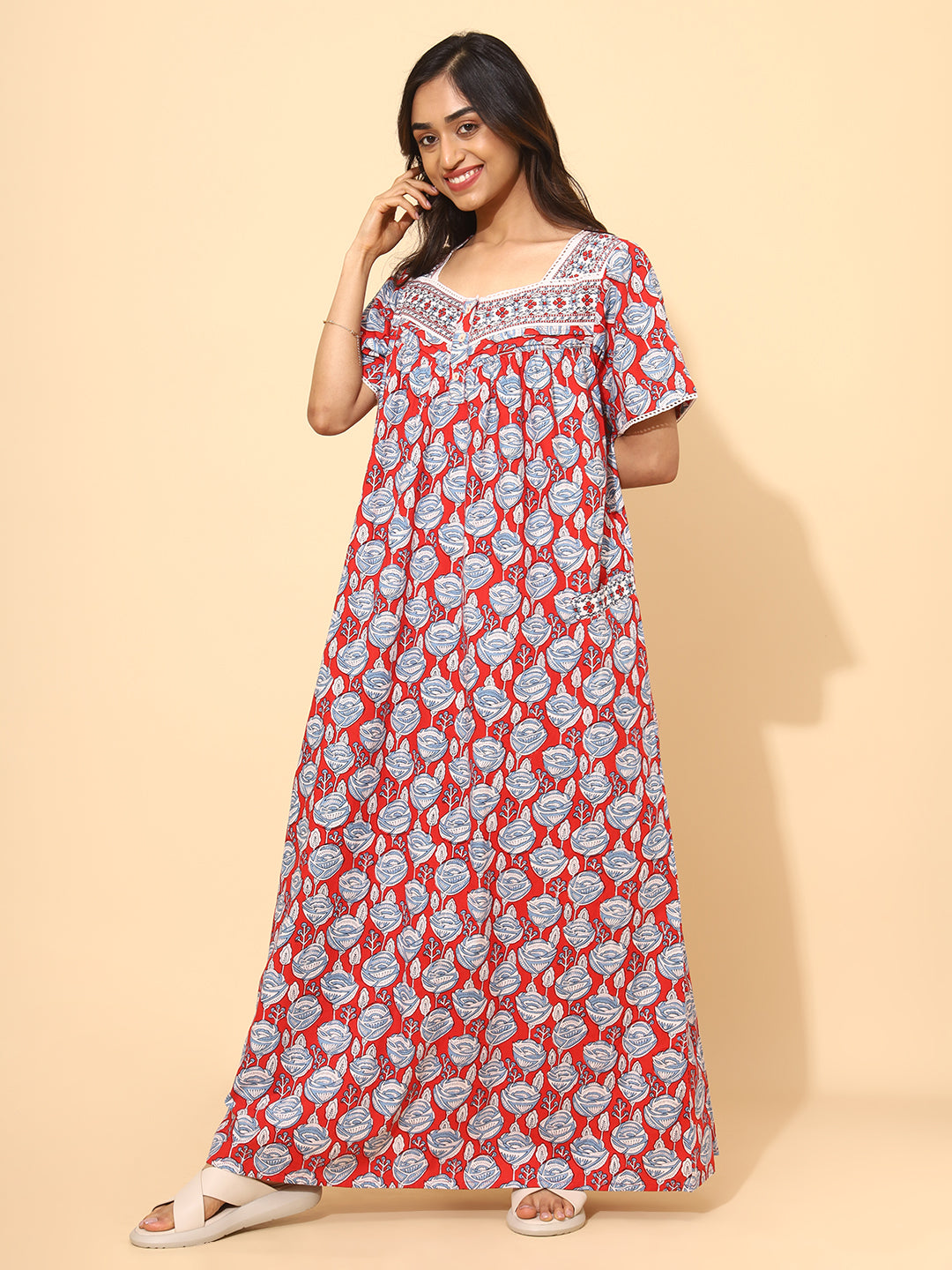 Yellow Bloom Chrimson Rose Nighties for Women | Red and White Maxi Dress | Abstract Print | Comfortable Daily Wear | Casual Wear | Ankle Length | Stylish Nighty | Contrast Neck | Pure Cotton