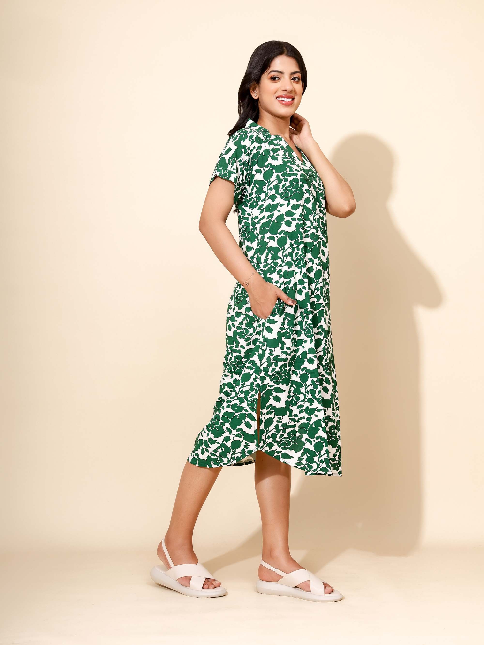 Yellow Bloom Forest Elegance Nighties for Women | Short Dress | Green & White Floral Print | Knee Length | All-day Wear | Hostels/PGs/Campus Wear | Picnic Wear | Lounge Dress | Pure Cotton