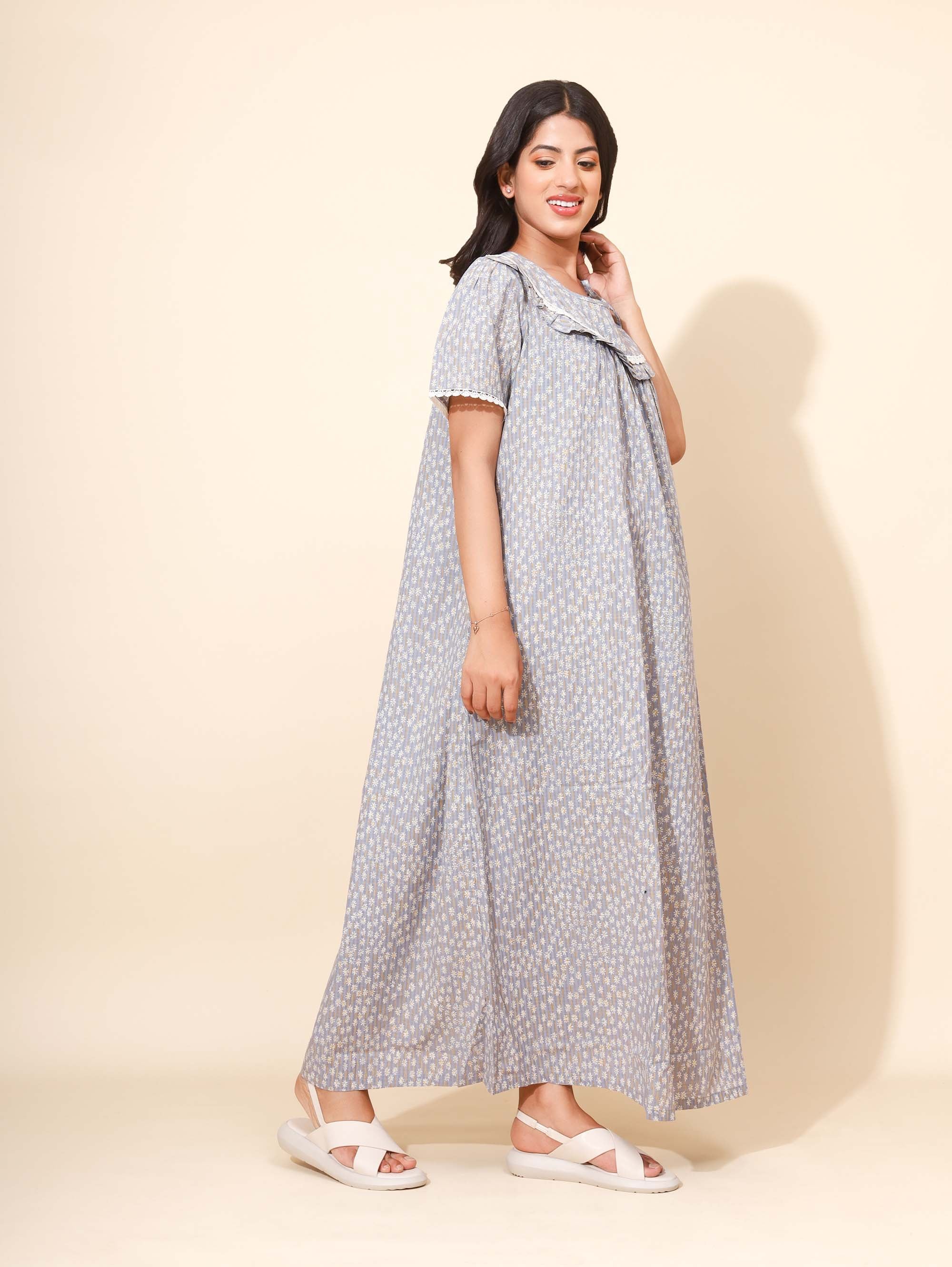 Yellow Bloom Graceful Harmony Nighties for Women | Maxi Dress | Grey and White | Lace Pattern | Comfortable All-day Wear | Work from Home Wear| Beautiful Neck Line | Lounge Nighty | Pure Cotton