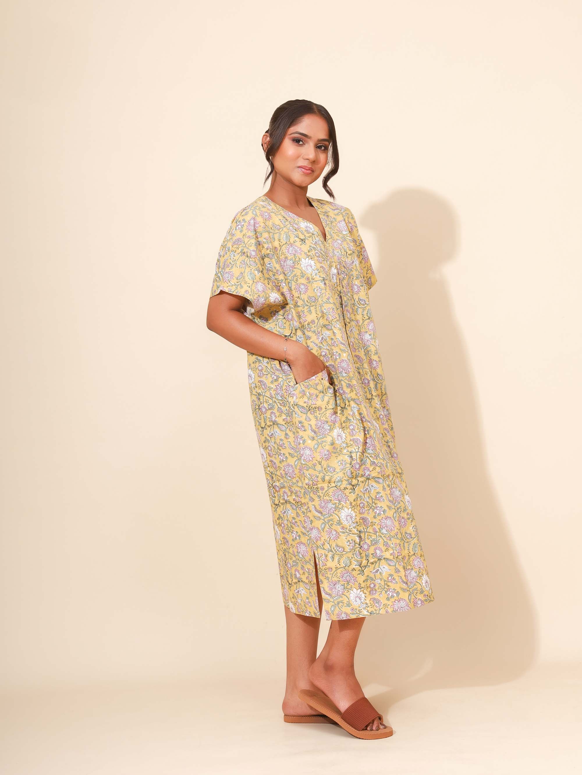 Yellow Bloom Golden Orchid Kaftan Nighties for Women | Midi Dress | Yellow and Grey Abstrach Print | Front Pocket | Comfortable Daily Wear | Knee Length | Stylish Design | Lounge Nighty | Pure Cotton