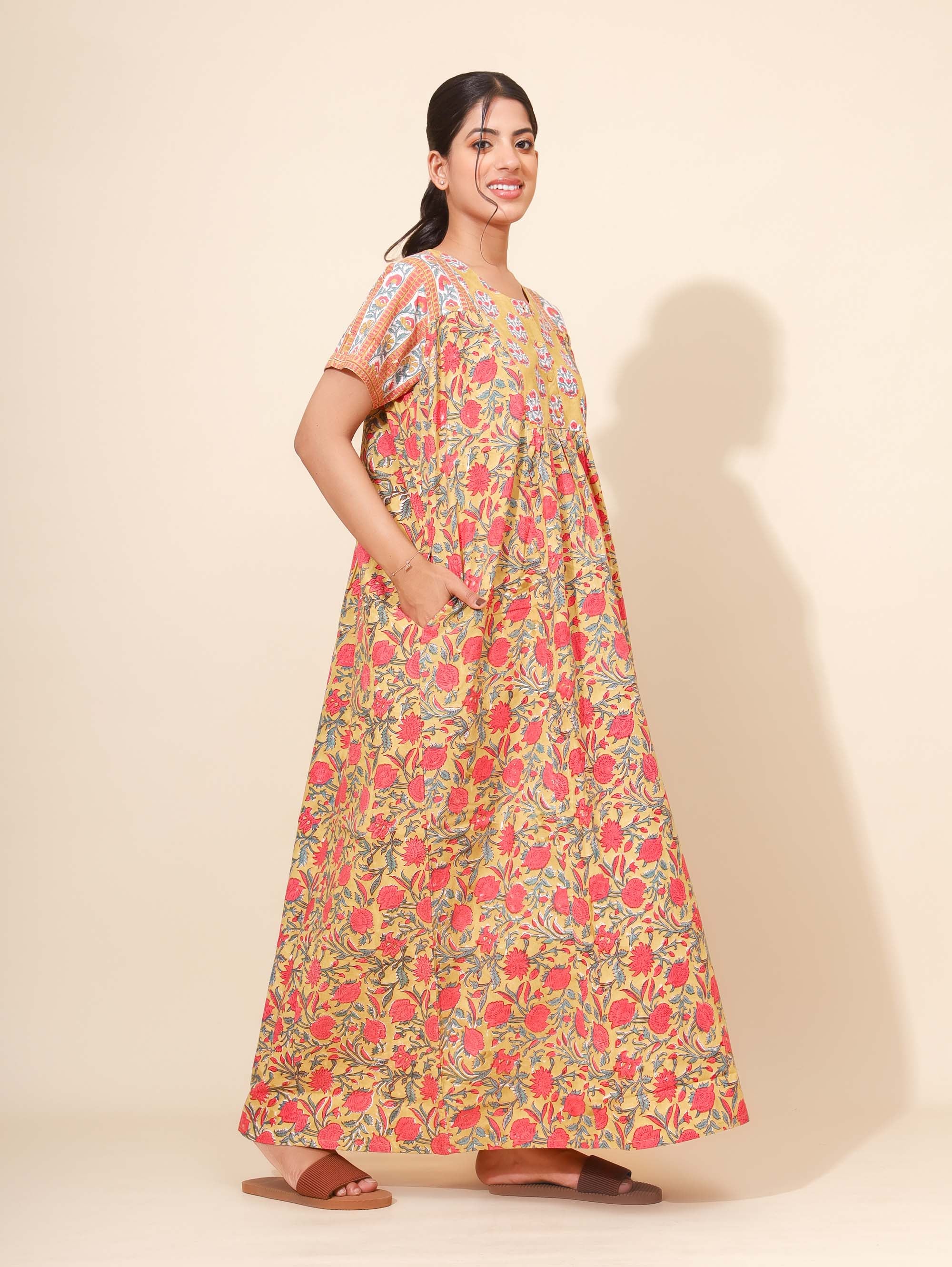 Yellow Bloom Golden Rose Garden Kaftan Nighties for Women | Maxi Dress | Rust & Rose Pink | Hand Block Print | Daily Wear | Ankle Length | Stylish and Versatile | Lounge Dress | Night Wear | Viscose