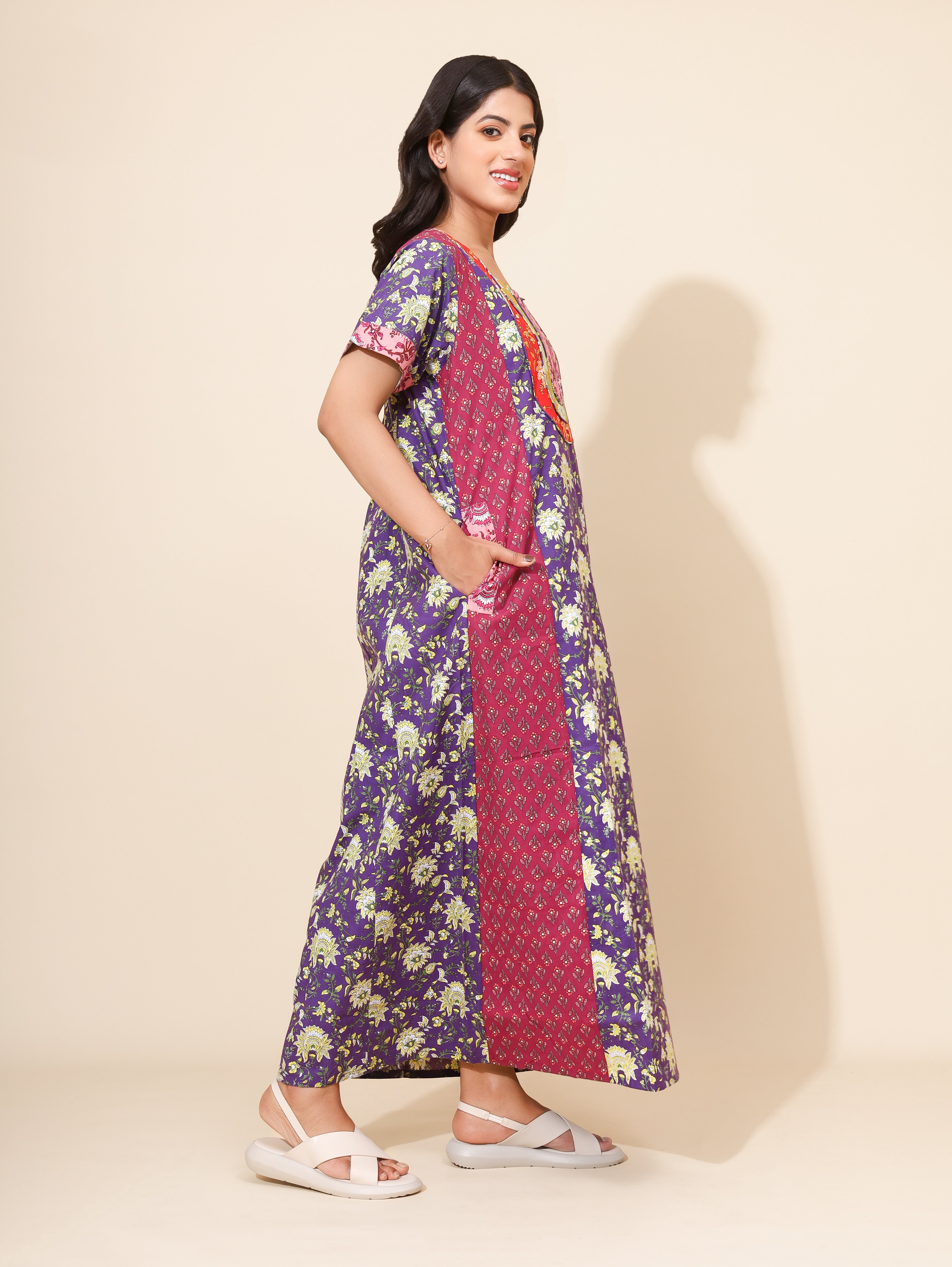 Yellow Bloom Royal Orchid Garden Nighties for Women | Maxi dress | Purple and Pink | Flower Print | Patch Work Nighty | All-day Wear | Stylish Family Wear | Ankle Length | Front Placket | Pure Cotton