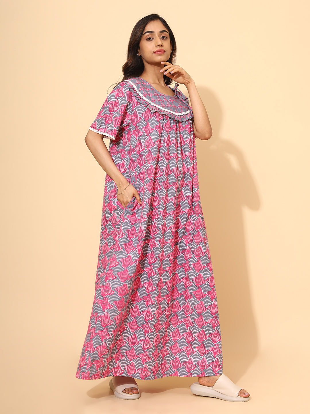 Yellow Bloom Refine Abstract Nighties for Women | Pink and Grey Maxi Dress | Abstract Print | Comfortable Daily Wear | Casual Wear | Ankle Length | Side Pockets | Front Placket | Pure Cotton