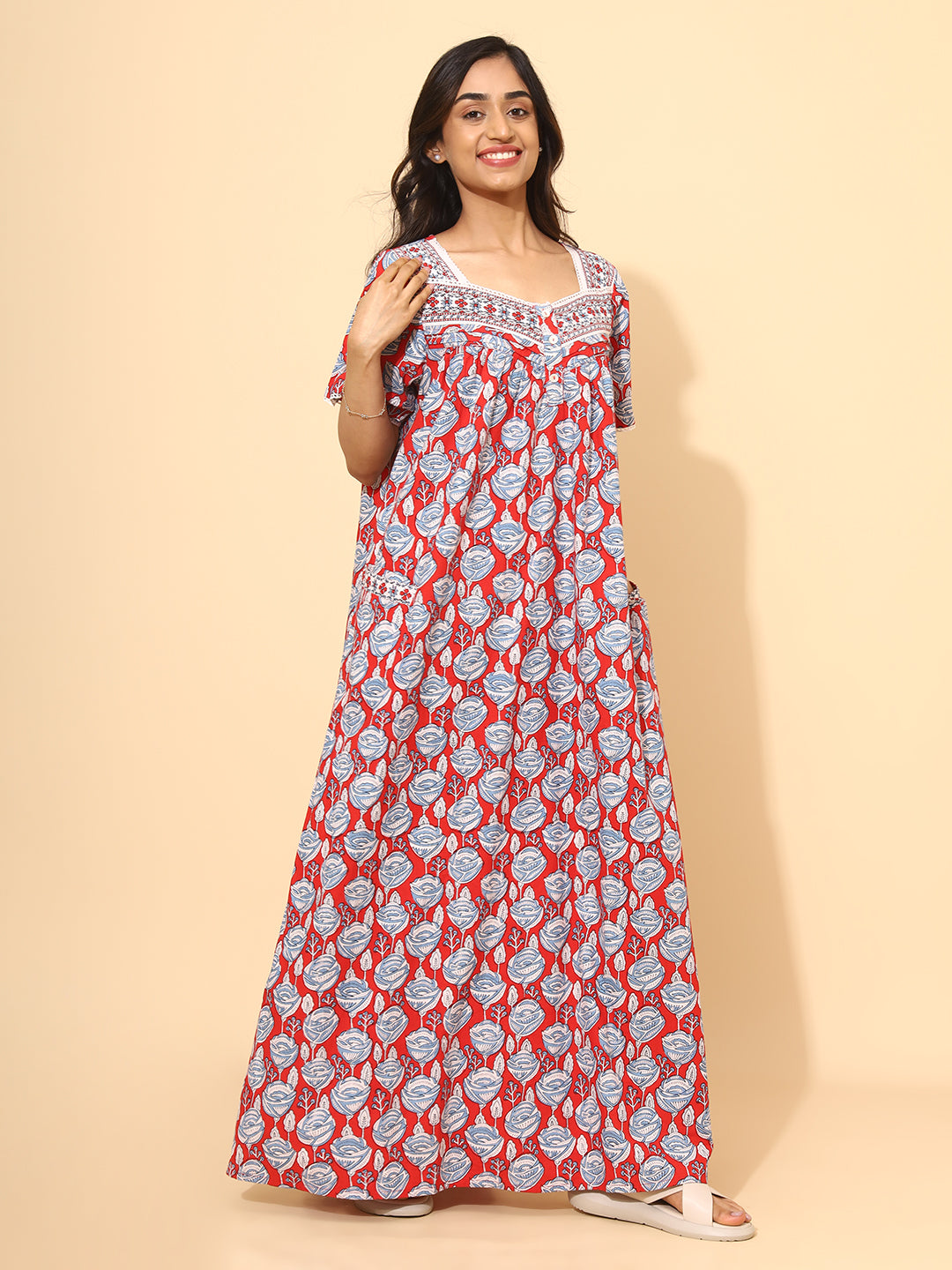 Yellow Bloom Chrimson Rose Nighties for Women | Red and White Maxi Dress | Abstract Print | Comfortable Daily Wear | Casual Wear | Ankle Length | Stylish Nighty | Contrast Neck | Pure Cotton