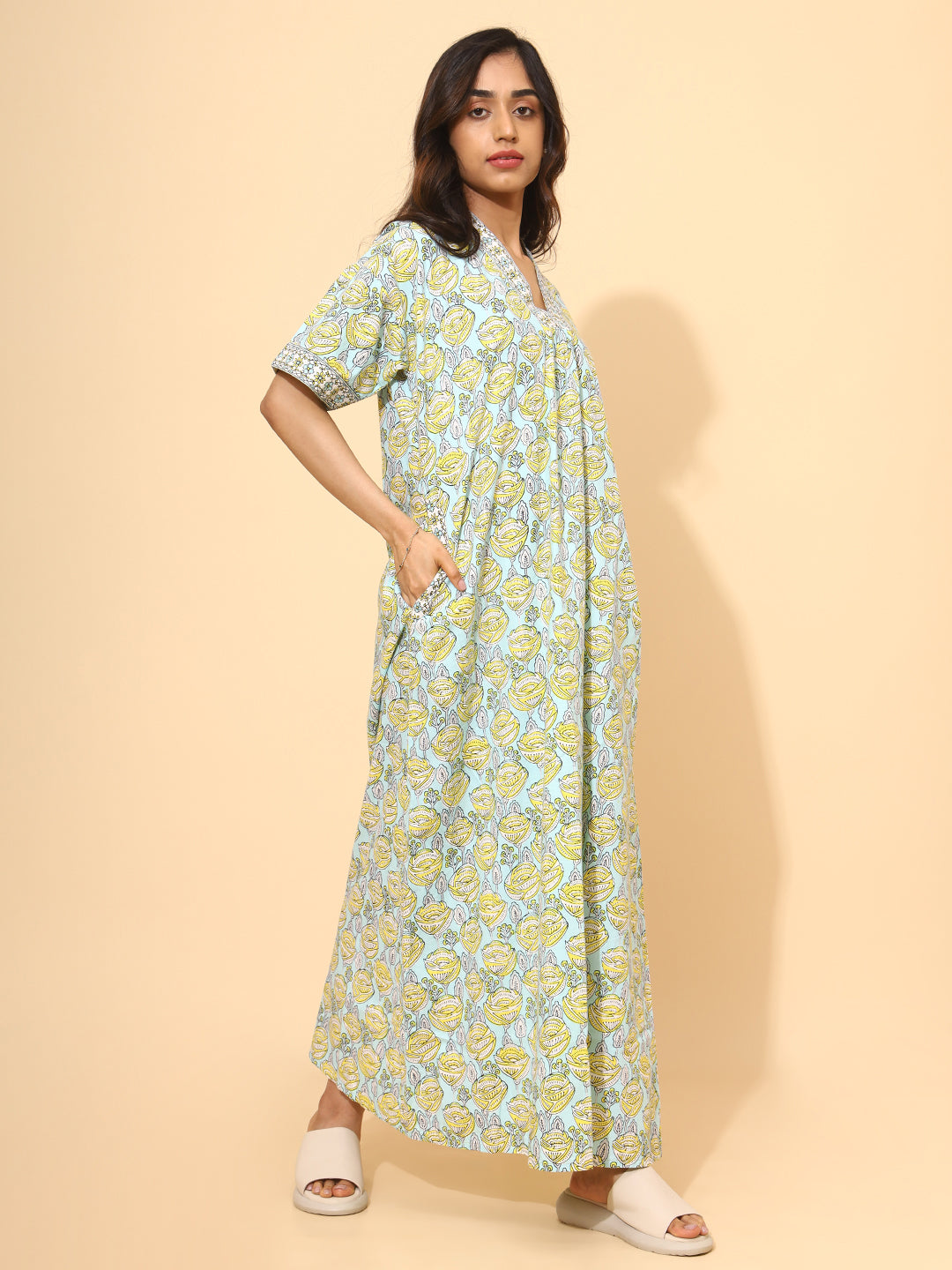 Yellow Bloom Sky Bloom Nighties for Women | Blue and Yellow Maxi Dress | Contrast Border Print | Daily Wear | Lounge Wear | Ankle Length | Stylish Nighty | Side Pocket | Pure Cotton