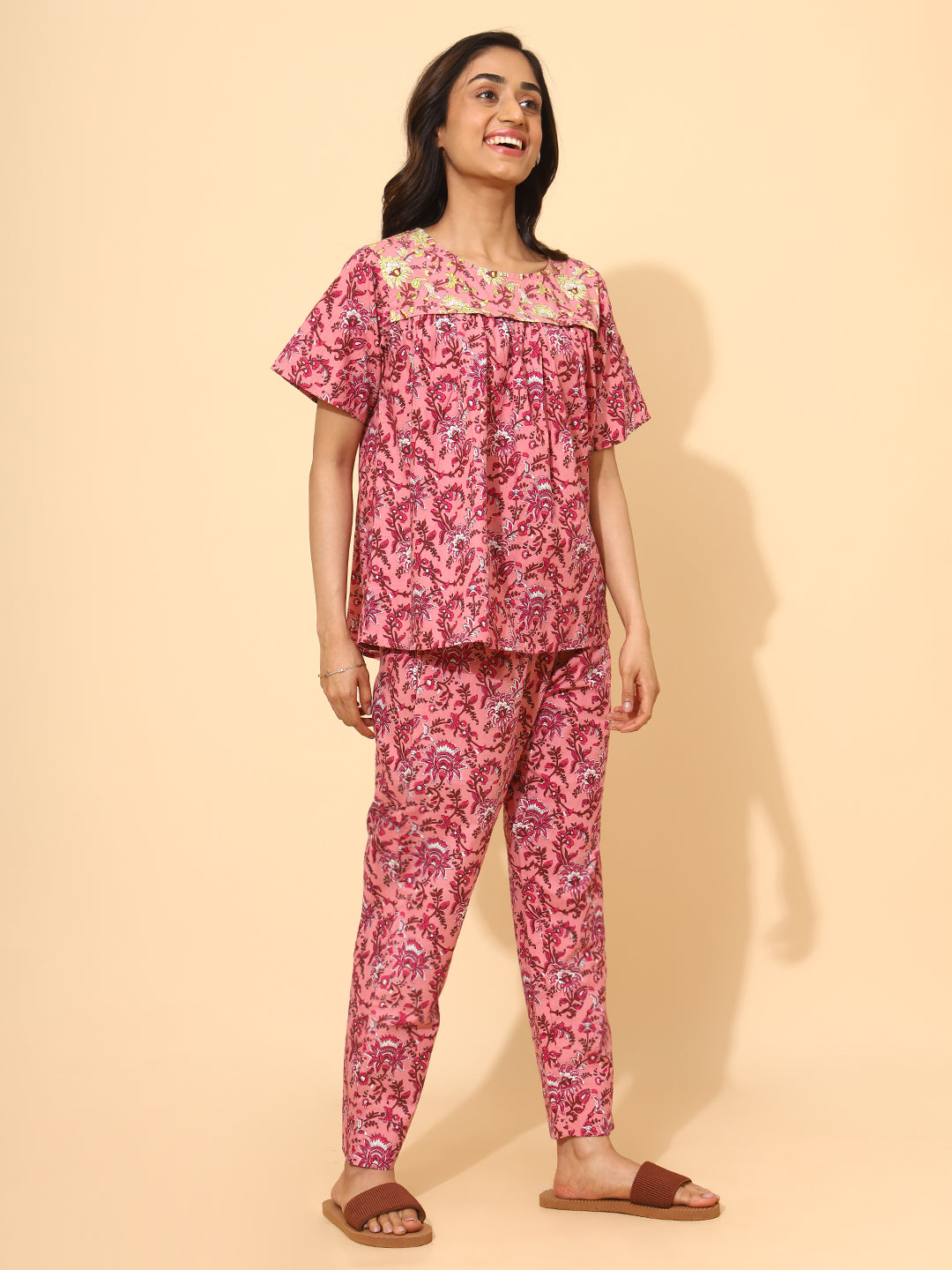 Yellow Bloom Maroon Blossom Co ord Pant Set for Women | Pyjama and Top | Pink and Maroon Flower Print| Work from Home Wear | Night Wear | Staycation | Hostels/PGs Wear | Lounge Dress| Pure Cotton