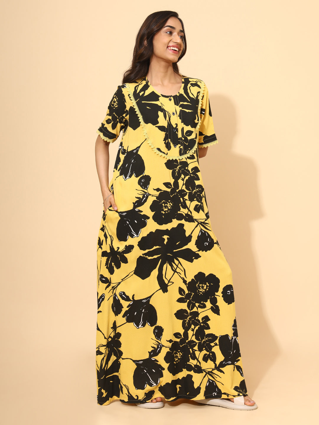 Yellow Bloom Sunburst Floral Nighties for Women | Yellow and Black Maxi Dress | Flower Print | Lounge Wear | Casual Wear | Ankle Length | Stylish Nighty | Viscose | Rayon