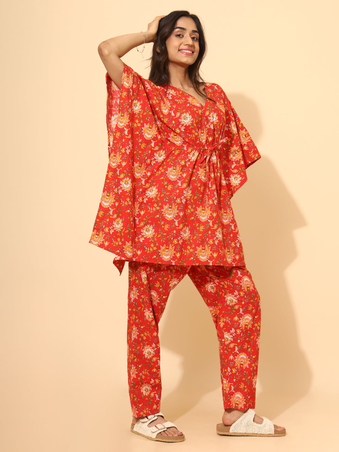 Yellow Bloom Scarlet Bloom Co ord Pant Set for Women | Pyjama and Top | Red with Flower Print| Work from Home Wear | Night Wear | ravel Wear | Hostels/PGs Wear | Lounge Dress| Pure Cotton