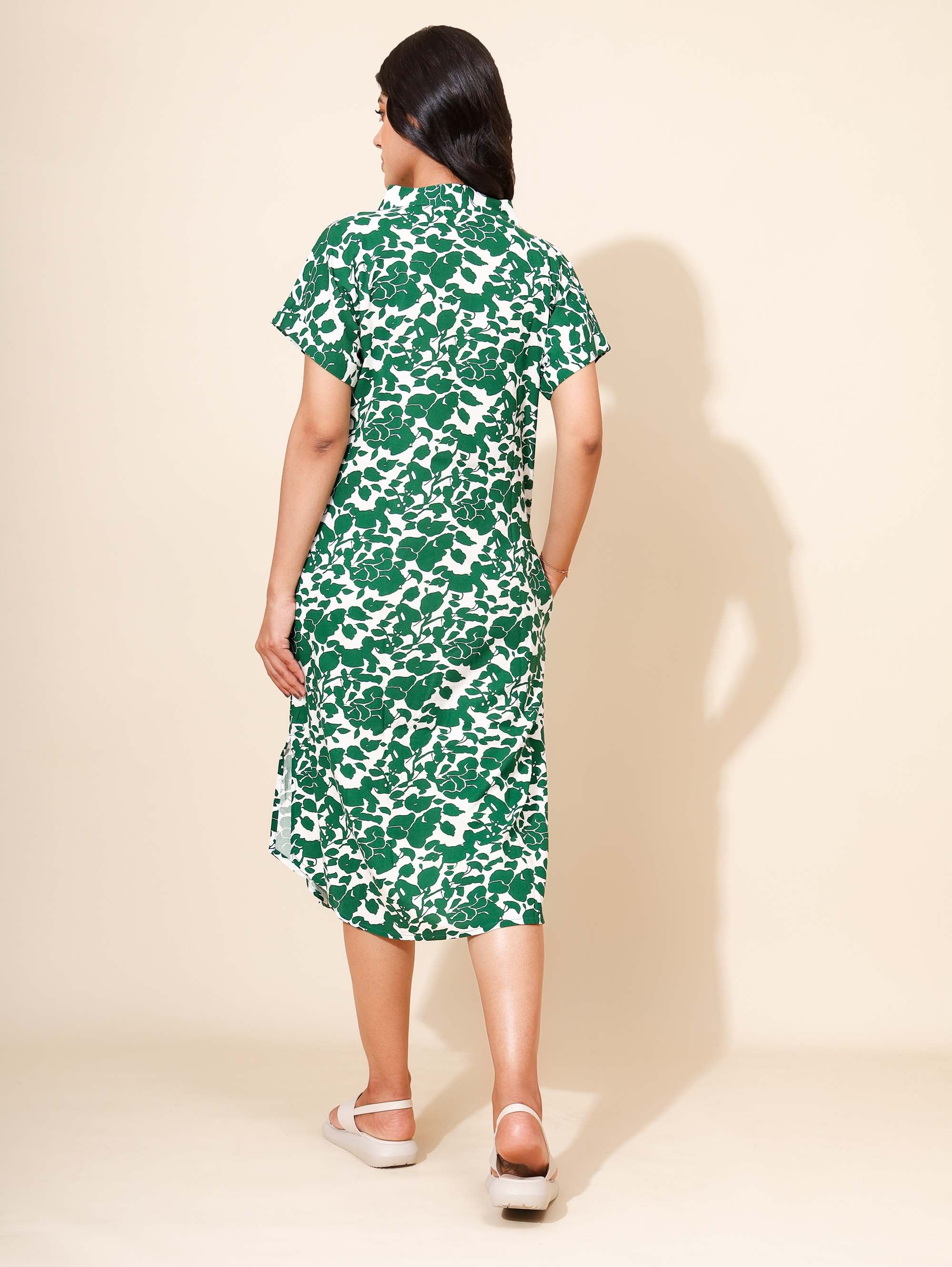 Yellow Bloom Forest Elegance Nighties for Women | Short Dress | Green & White Floral Print | Knee Length | All-day Wear | Hostels/PGs/Campus Wear | Picnic Wear | Lounge Dress | Pure Cotton
