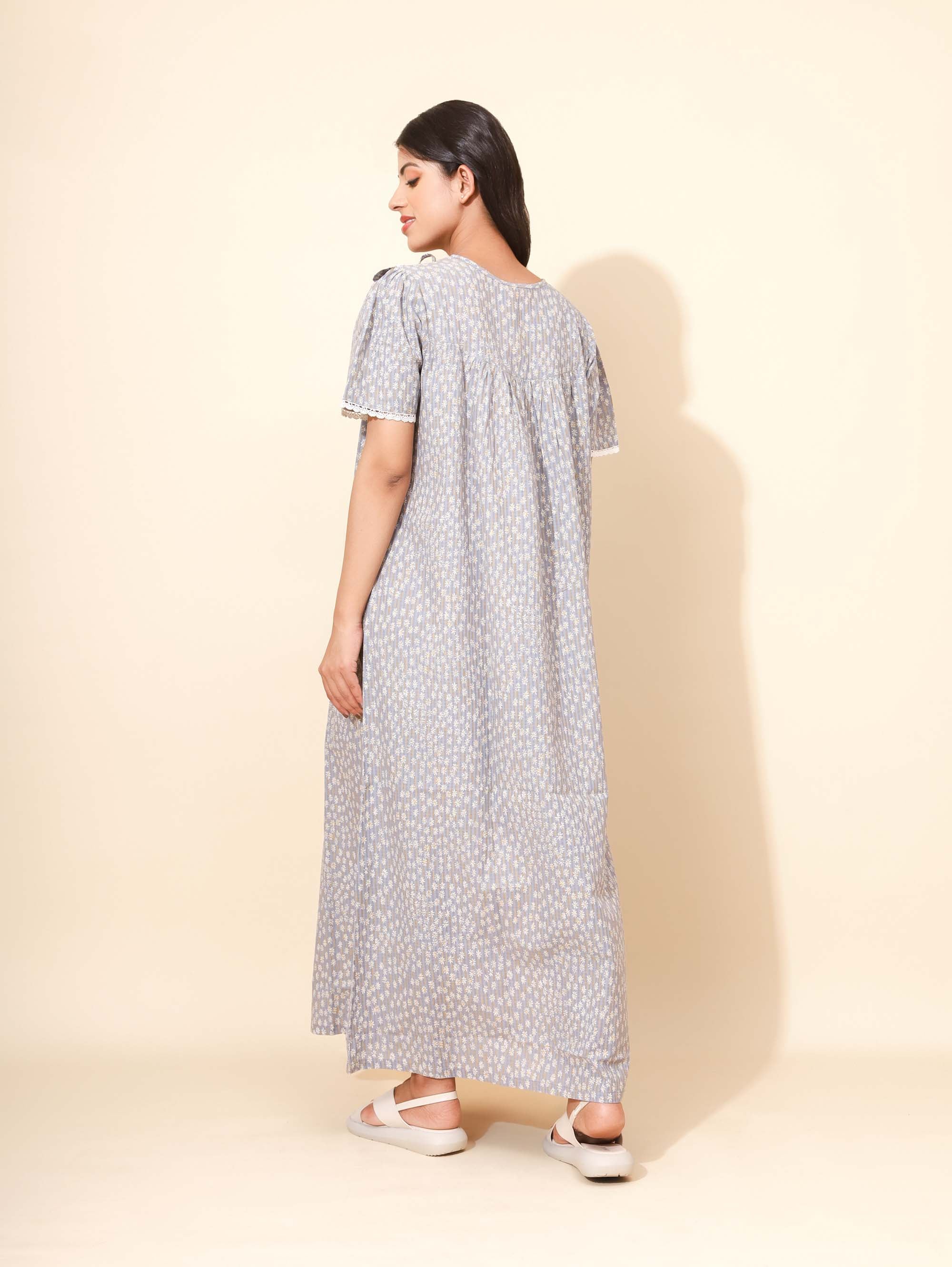 Yellow Bloom Graceful Harmony Nighties for Women | Maxi Dress | Grey and White | Lace Pattern | Comfortable All-day Wear | Work from Home Wear| Beautiful Neck Line | Lounge Nighty | Pure Cotton