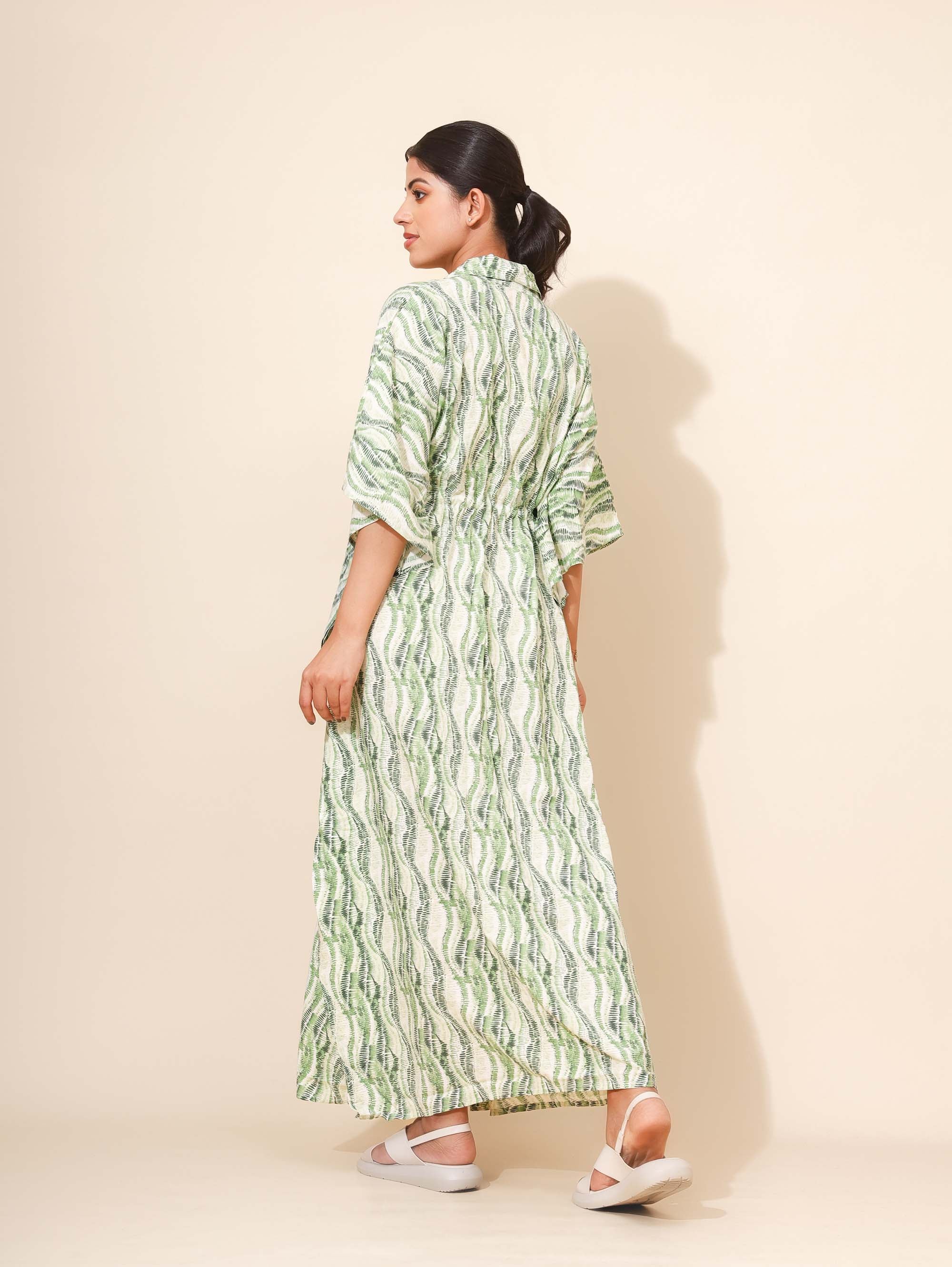 Yellow Bloom Oasis Elegance Kaftan Nighties for Women | Maxi Dress | Green Abstract Print | Collared Neck | Vacation Wear | Beach Cover-ups | Leisure Wear | Ankle length | Lounge Nighty | Viscose