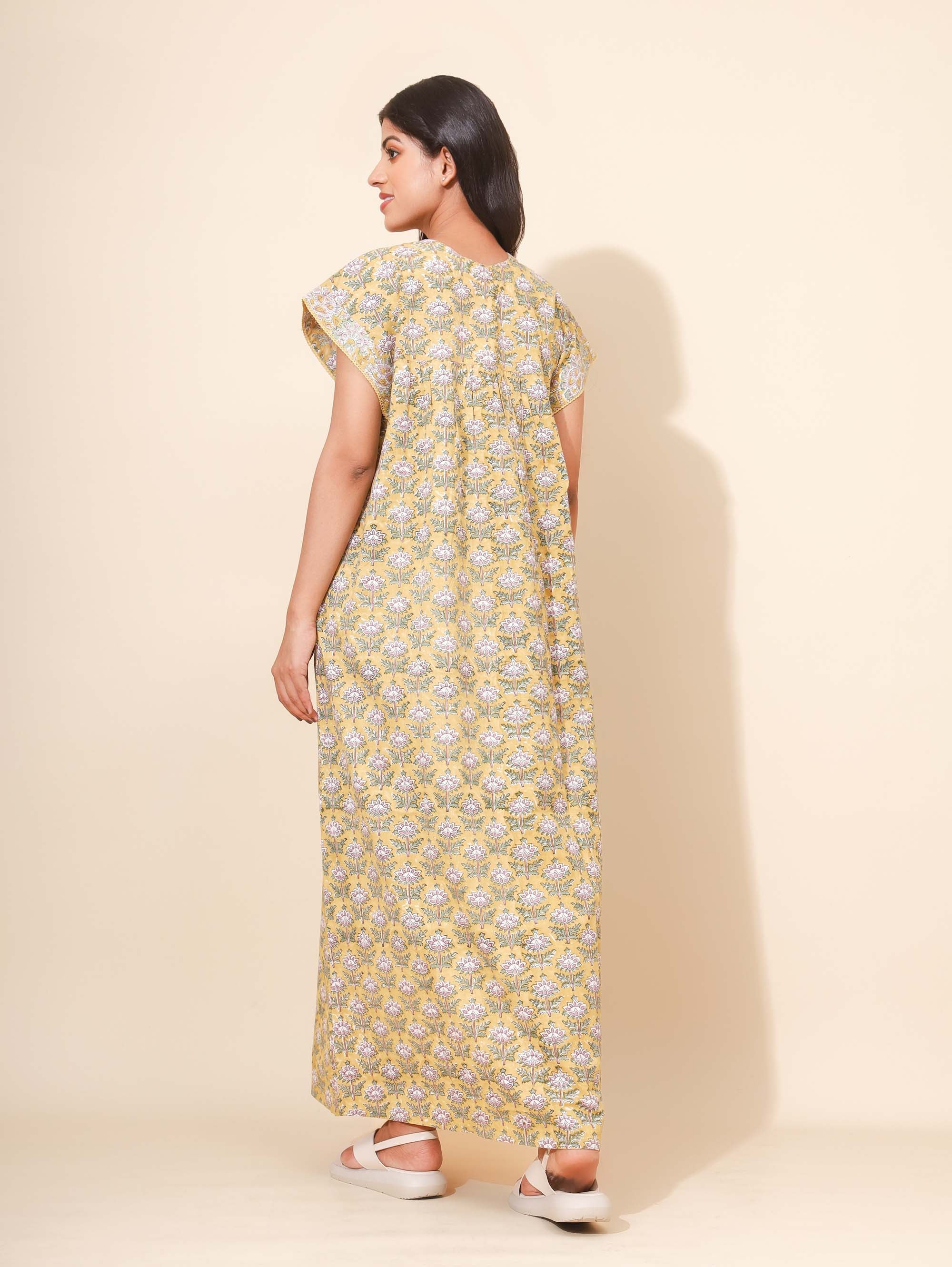Yellow Bloom Golden Gardenia Bliss Nighties for Women | Maxi Dress | Yellow with Unique Print | Comfortable Daily Wear | Ankle Length | Stylish Versatile design | Lounge Nighty | Pure Cotton