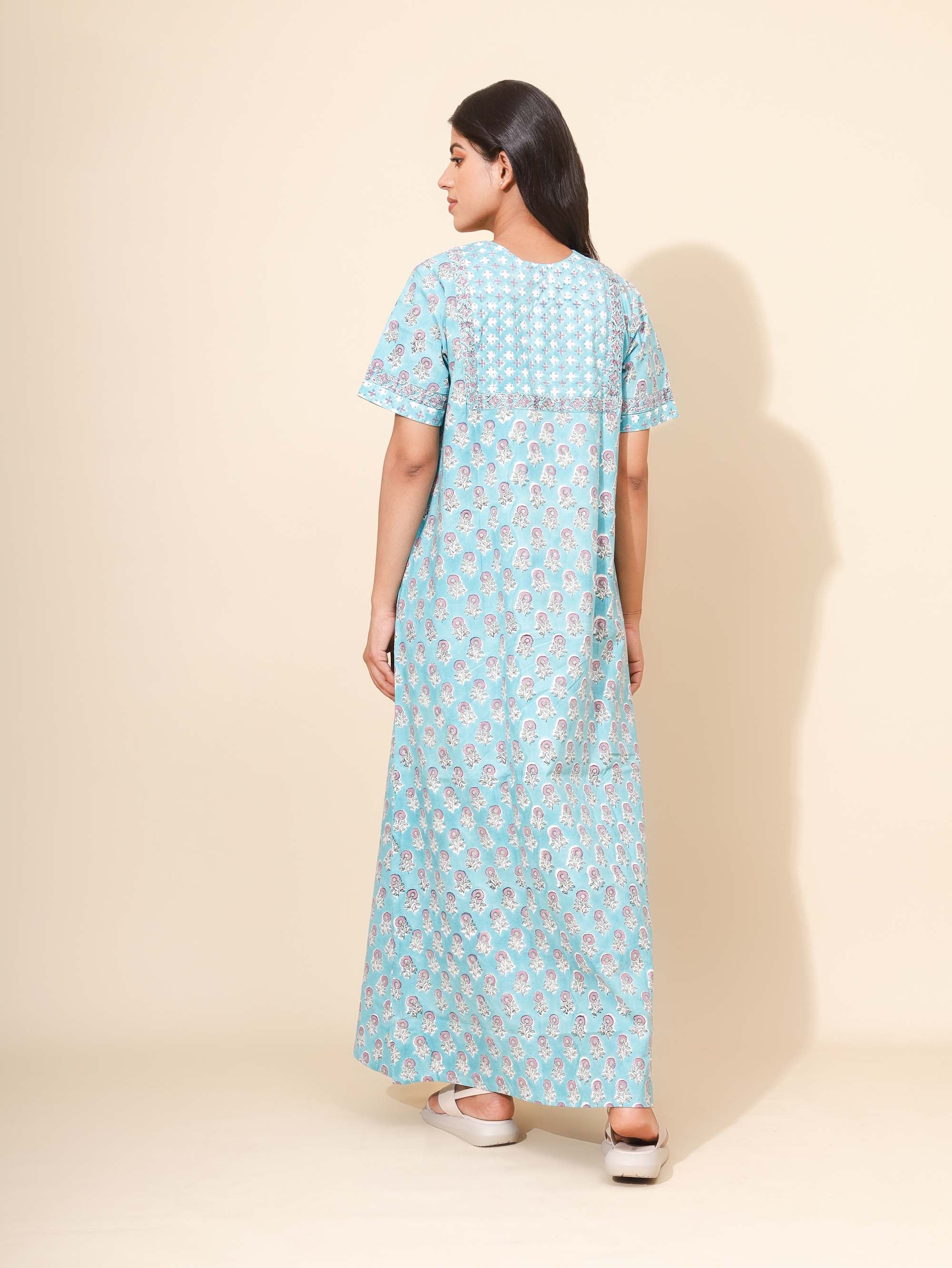 Yellow Bloom Celestial Bloom Nighties for Women | Maxi Dress | Blue & Mauve | Hand Block Print | Home Wear| Travel Wear | Ankle Length | Stylish Wear | Lounge Nighty | Pure Cotton