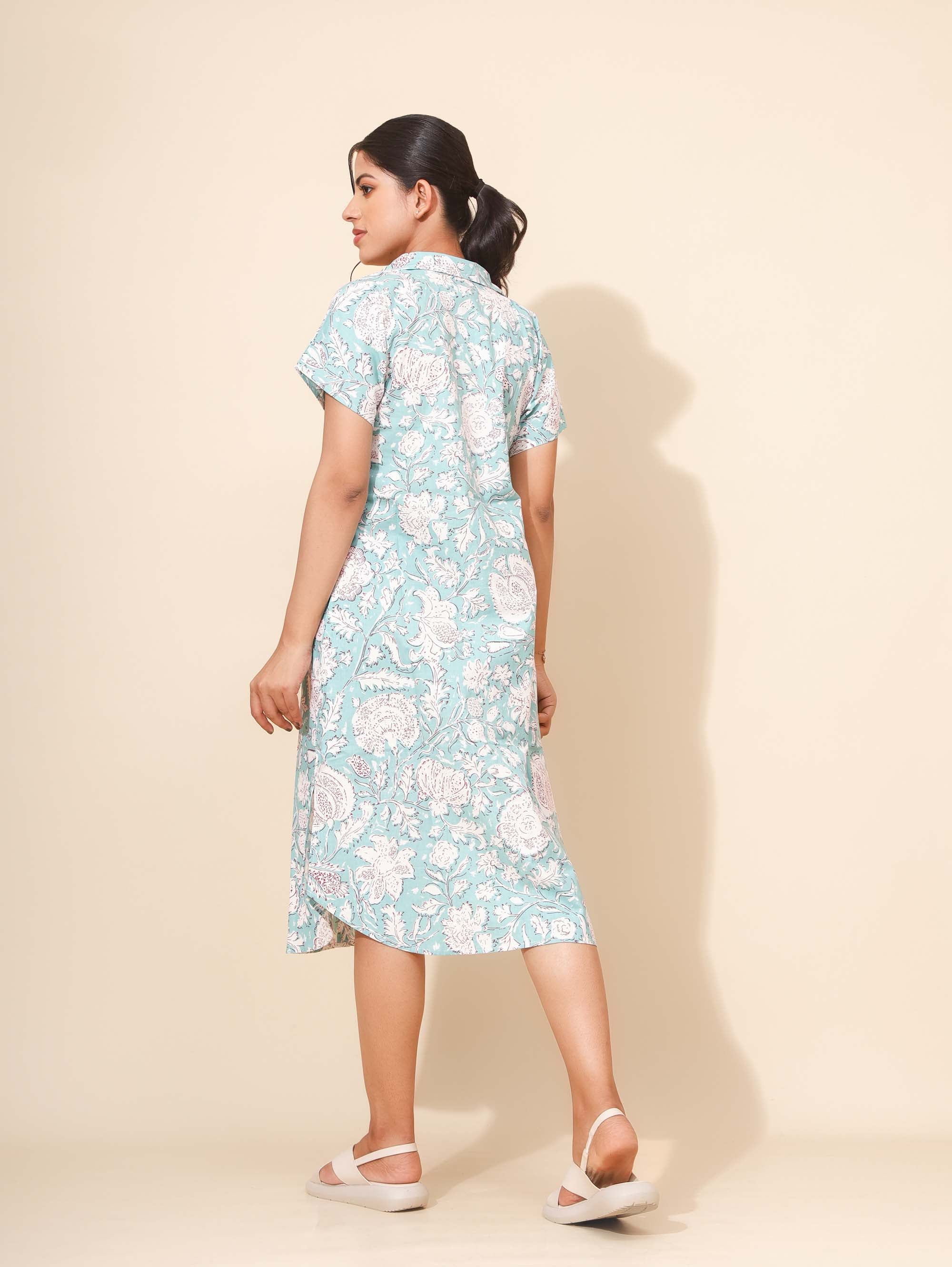 Yellow Bloom Aqua Blossom Nighty for Women | Short Dress | Light Aqua Green & White Print | Comfortable and Daily Wear | Nuclear families/Hostels/PGs | Knee Length | Stylish Dress | Pure Cotton