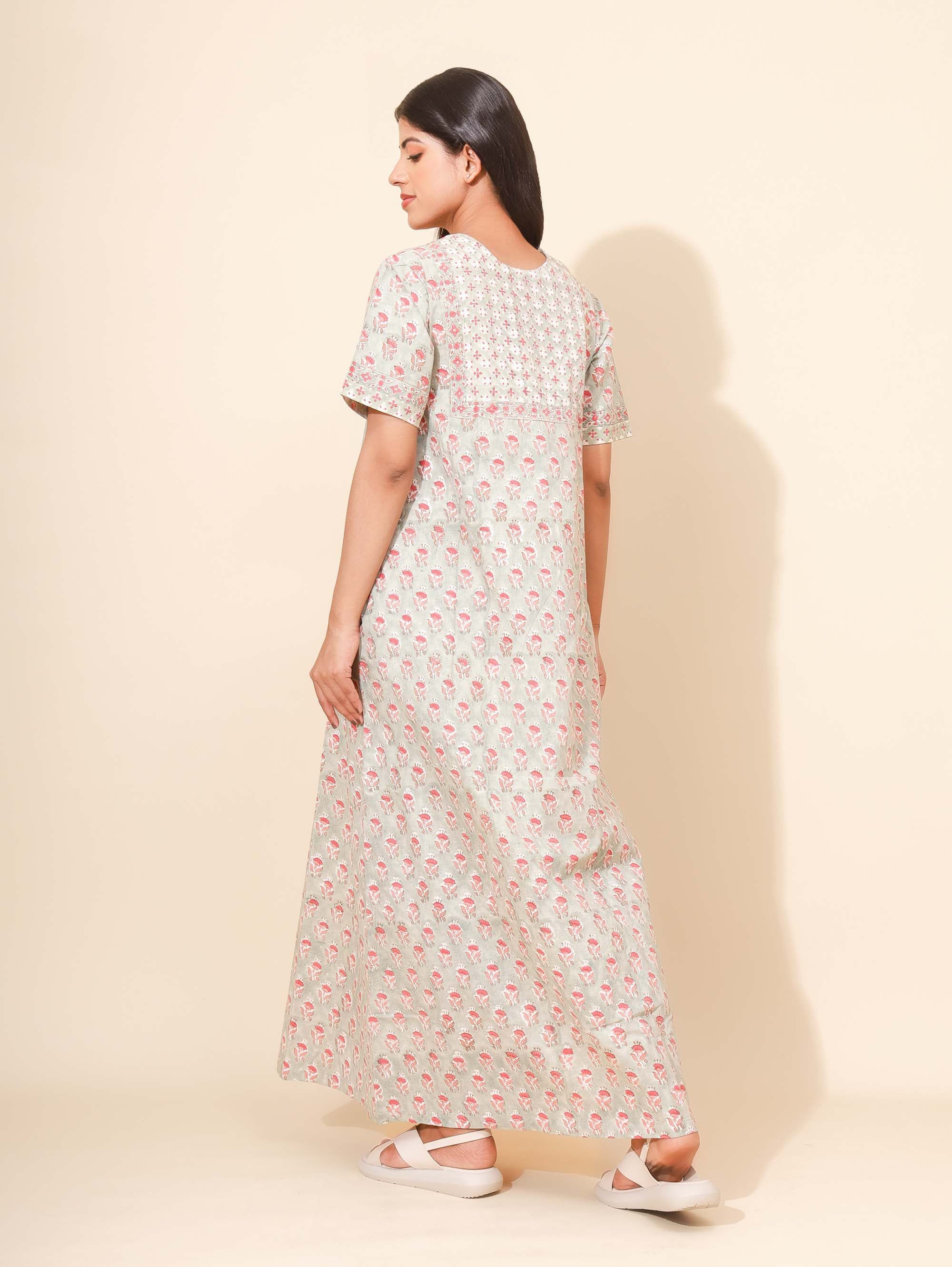Yellow Bloom Emerald Blossoms Nighties for Women | Maxi Dress | Green & Red | Comfortable Daily Wear | Home Wear | Travel Wear | Ankle Length | Stylish Nighty | Lounge Wear | Pure Cotton
