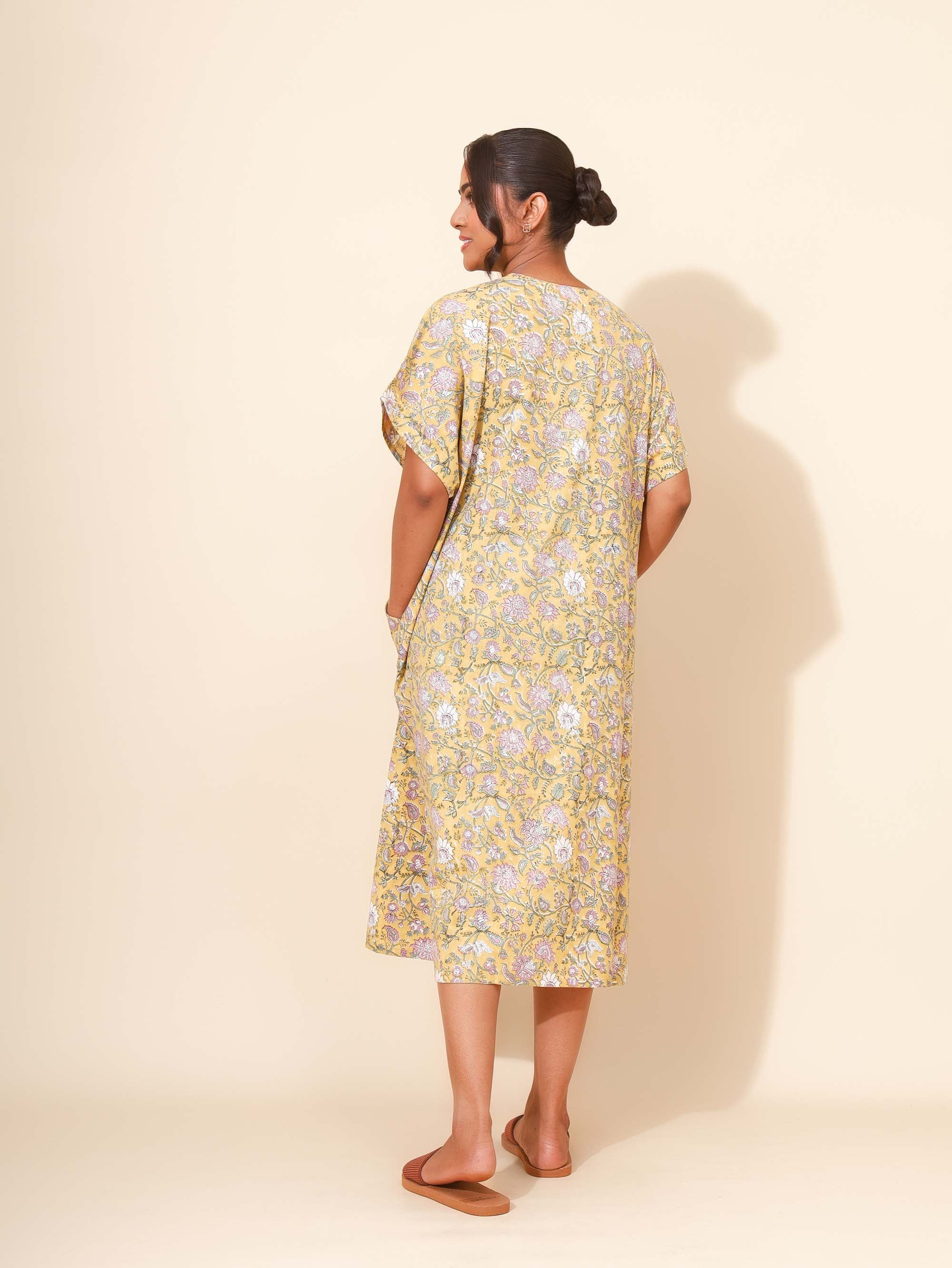 Yellow Bloom Golden Orchid Kaftan Nighties for Women | Midi Dress | Yellow and Grey Abstrach Print | Front Pocket | Comfortable Daily Wear | Knee Length | Stylish Design | Lounge Nighty | Pure Cotton