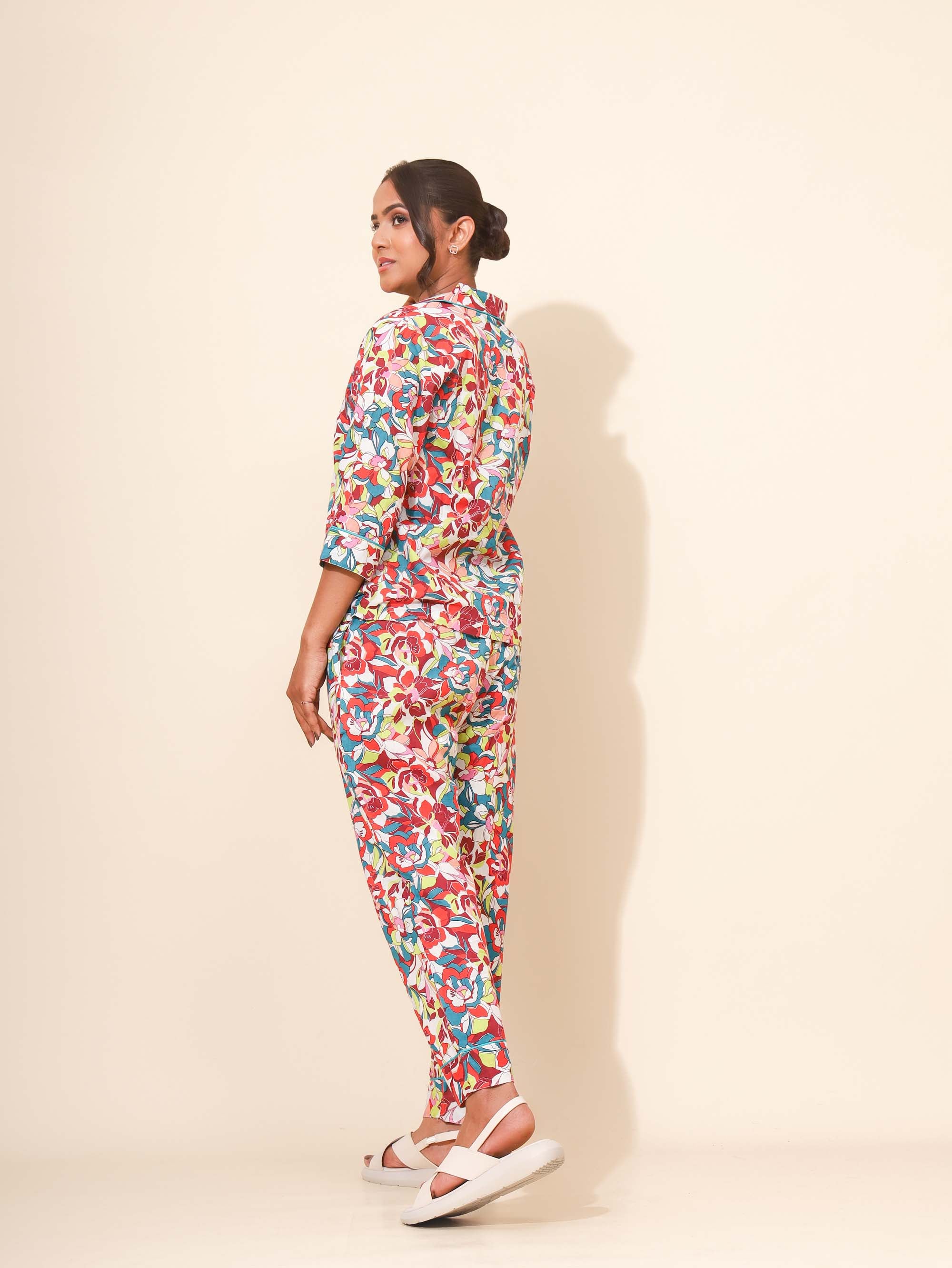 Yellow Bloom Rainbow Dream Co ord Pant Set for Women | Pyjama and Top | Multicolor with Flower Print| Travel Wear| Picnic Wear | Hostels/PGs Dress | Work-to-Sleep Wear | Pure Cotton