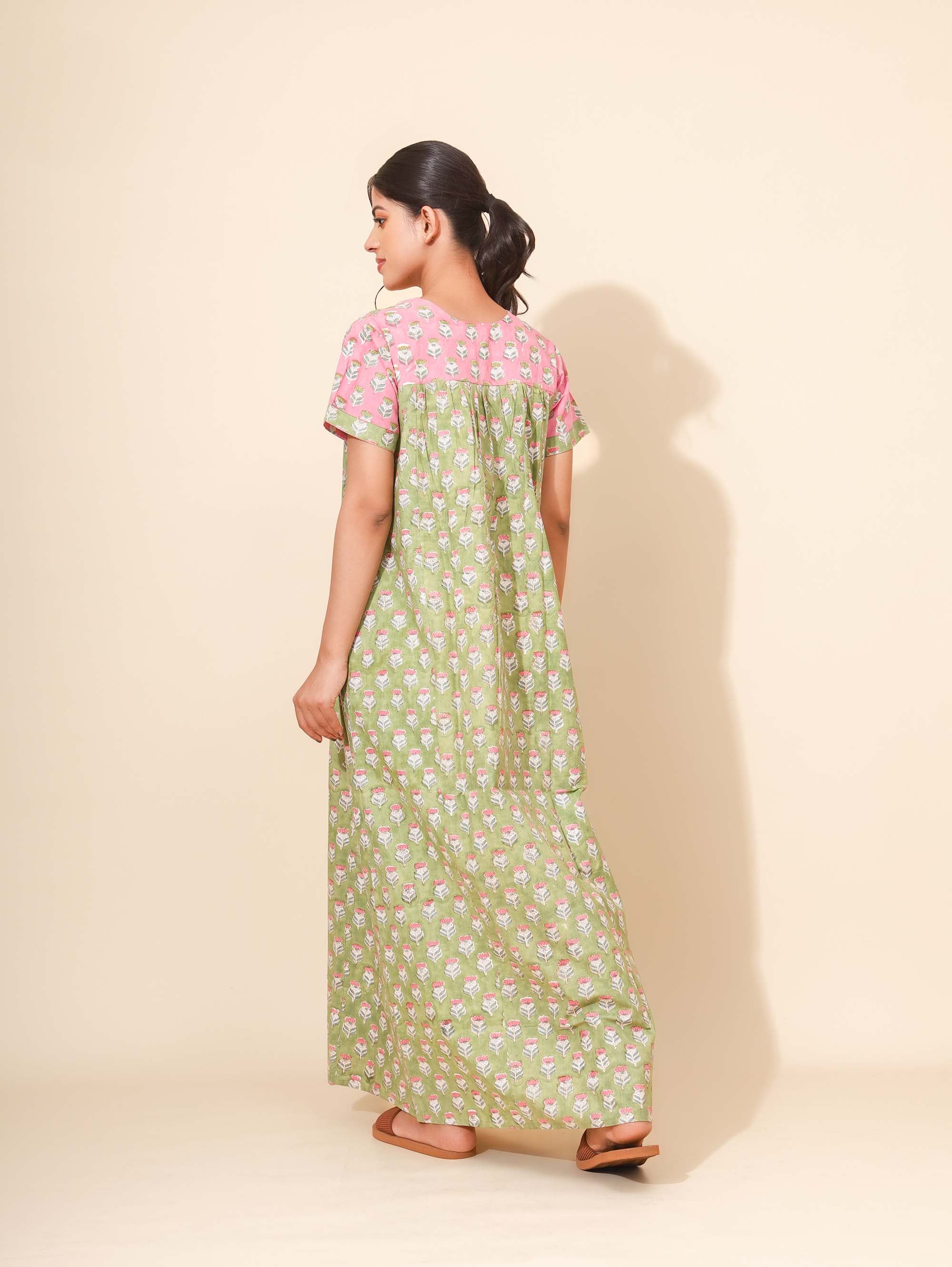 Yellow Bloom Pastel Petal Nighties for Women | Maxi Dress | Green and Pink | Hand Block Print | All-day Comfortable Wear | Ankle Length | Stylish Wear | Lounge Nighty | Pure Cotton