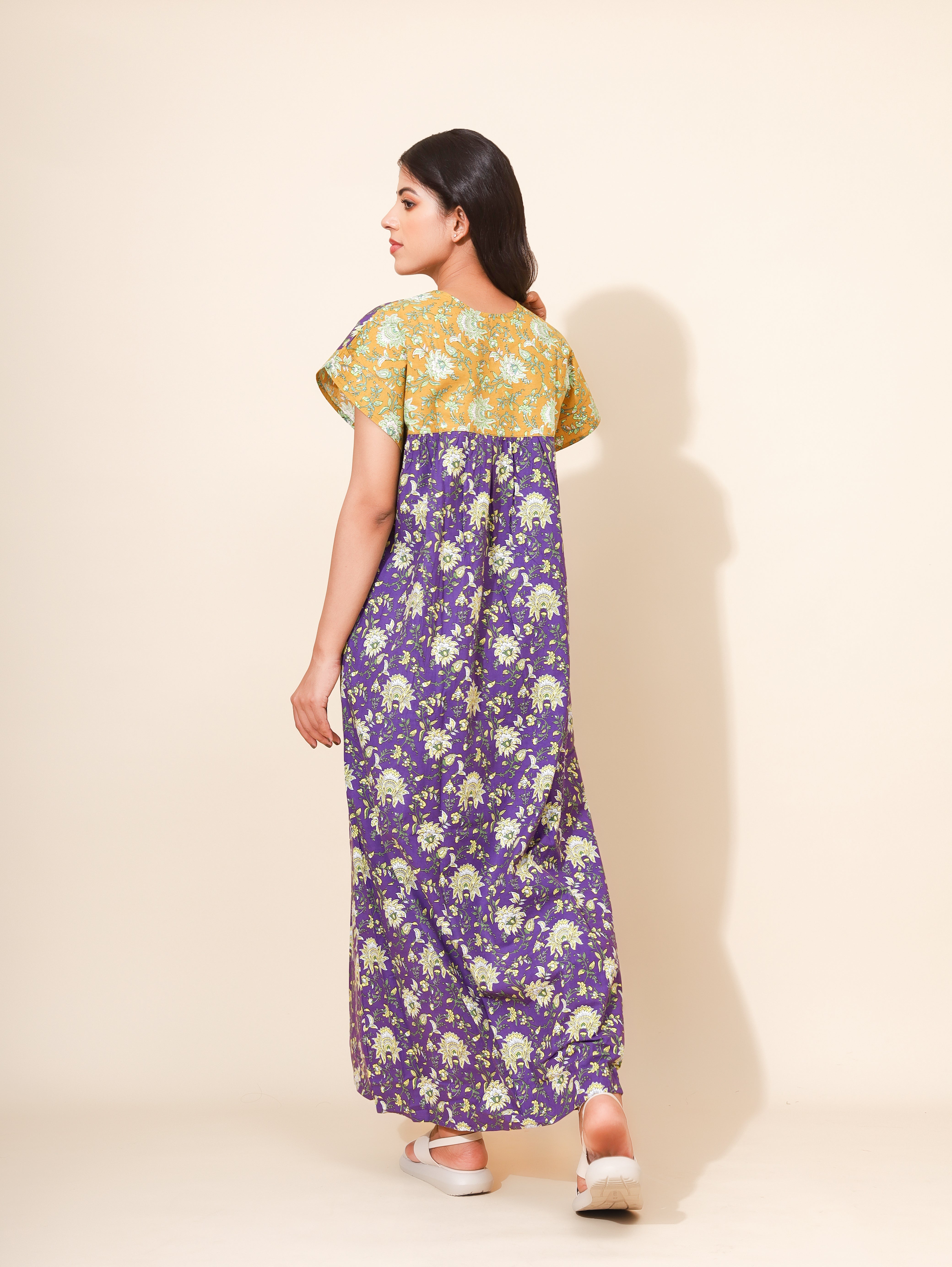 Yellow Bloom Lavender Meadow Nighties for Women | Purple and Pink | Maxi dress | Flower Print with Patchwork | All-day Wear | Stylish Home Nighty | Ankle Length | Aesthetic Appeal | Pure Cotton