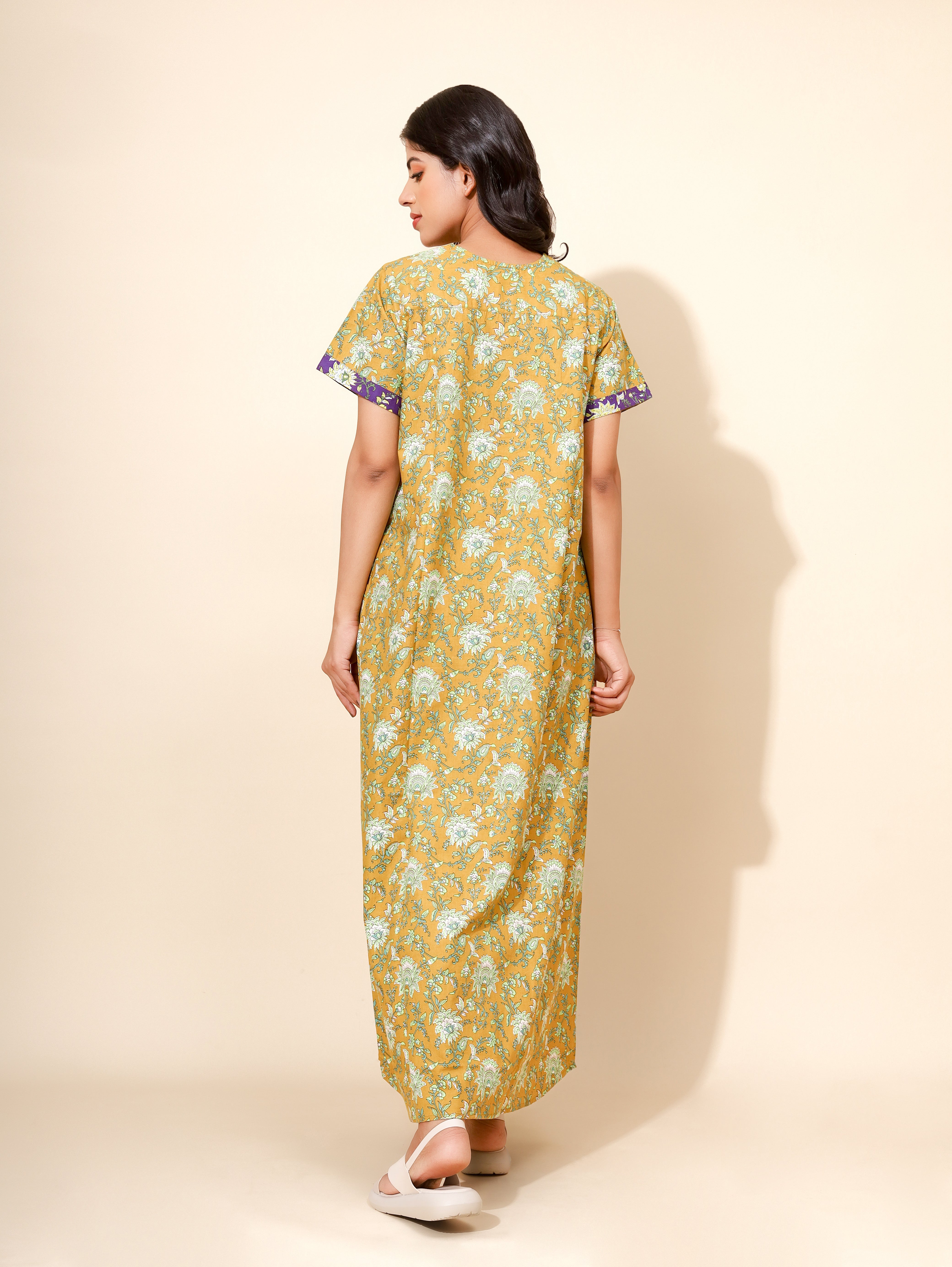 Yellow Bloom Golden Fern Bouquet for Women | Green | Maxi dress | Flower Print with Patchwork | All-day Nighty |Stylish Home/Hostel Wear | Ankle Length | Nightgown | Front Placket | Pure Cotton