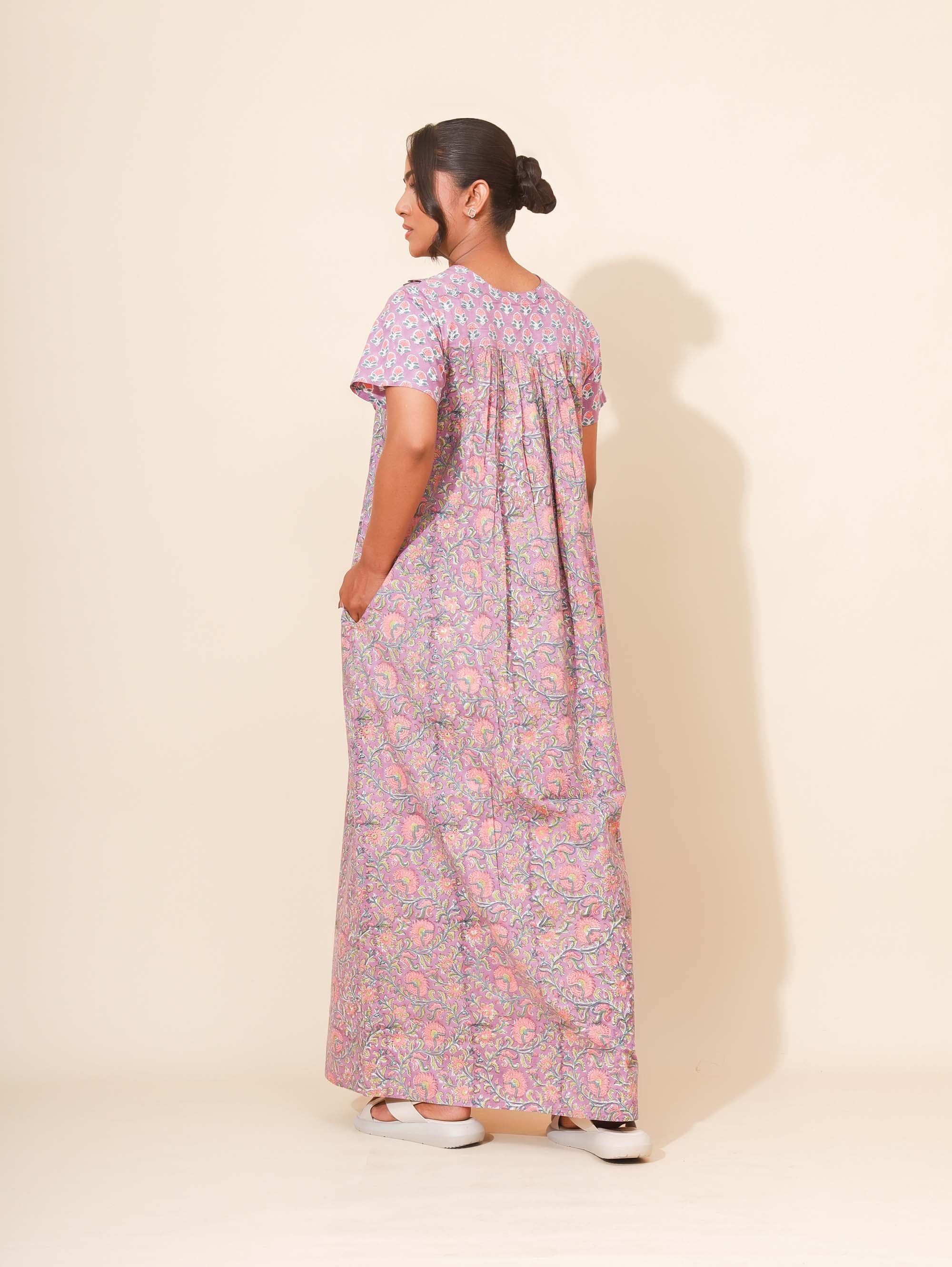 Yellow Bloom Sprint Orchid Nighties for Women | Maxi Dress | Purple and Pink | Floral Print | All-day Wear | Nightgown | Ankle Length | Family Wear | Stylish and Versatile | Pure Cotton