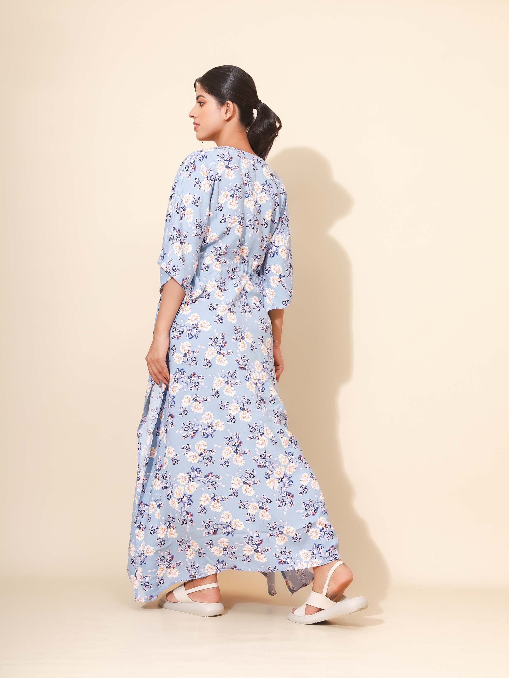 Yellow Bloom Sapphire Garden Kaftan Nighties for Women | Maxi Dress | Pink and White | Abstract Print | All-day Wear | Leisure & Travel Wear | Ankle Length | Versatile | Lounge Dress | Viscose | Rayon