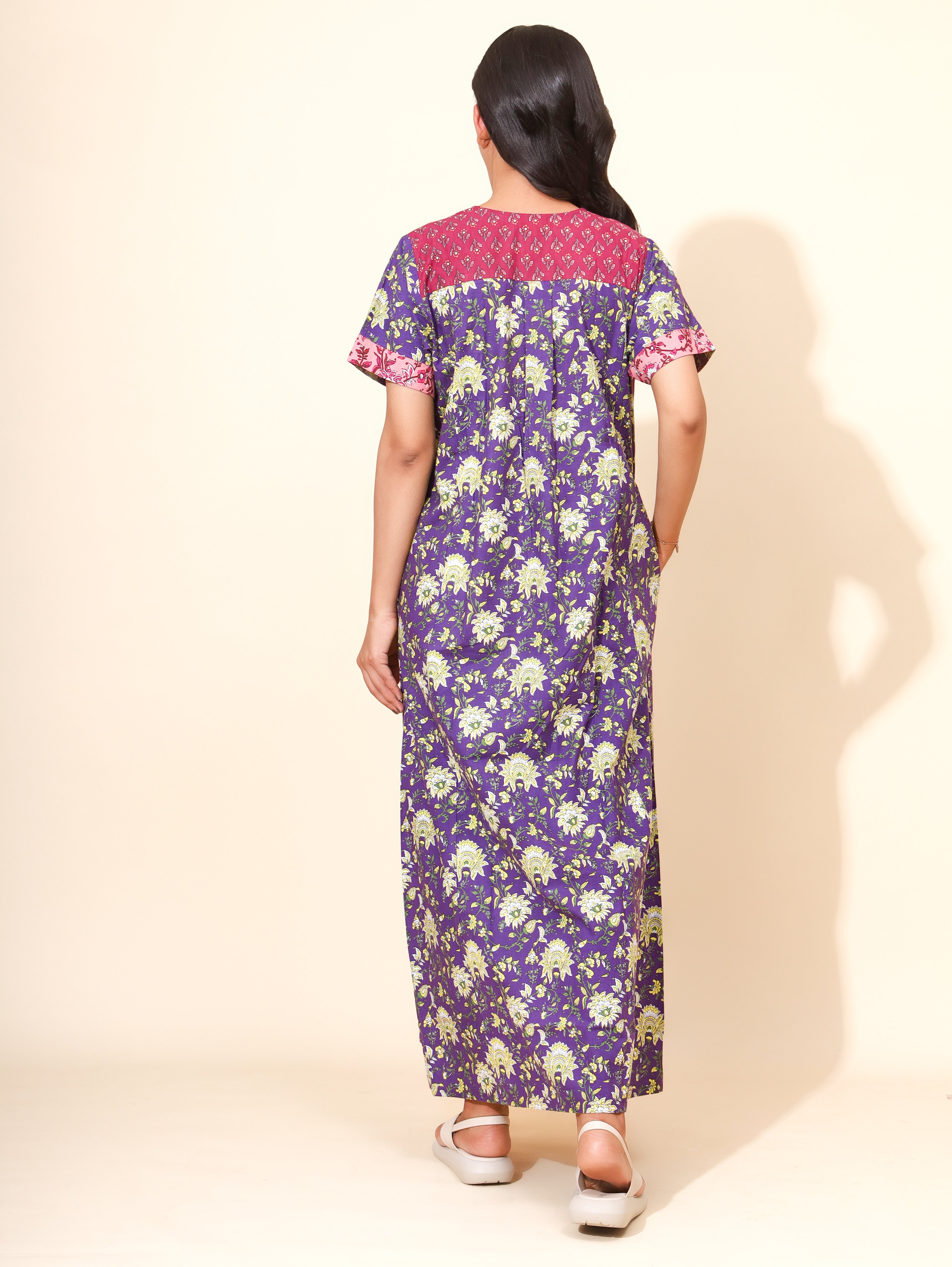 Yellow Bloom Royal Orchid Garden Nighties for Women | Maxi dress | Purple and Pink | Flower Print | Patch Work Nighty | All-day Wear | Stylish Family Wear | Ankle Length | Front Placket | Pure Cotton