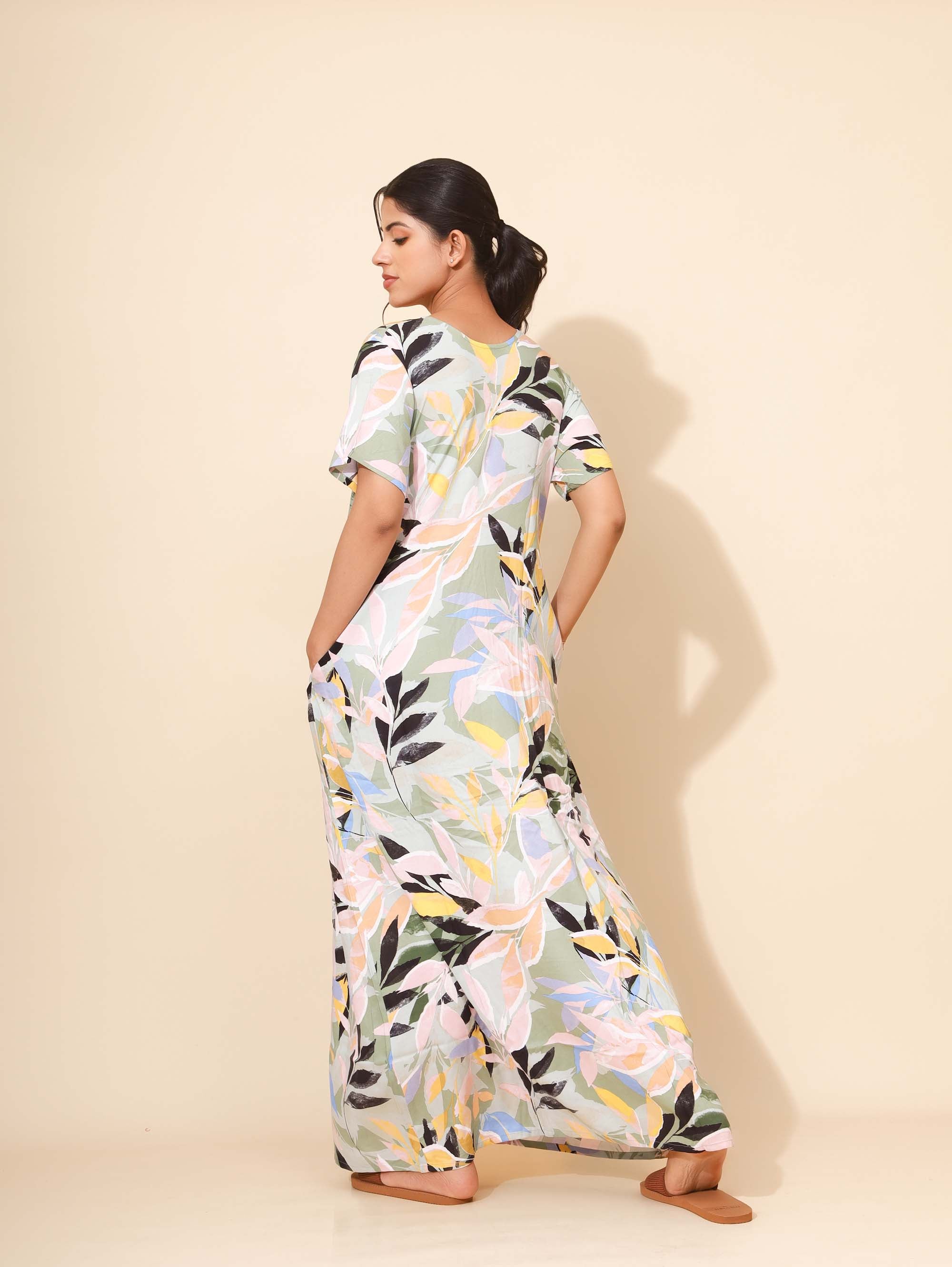 Yellow Bloom Whimsical Pastel Harmony Nighties for Women | Multicolor Maxi Dress | Leaf Print | Comfortable Daily Wear | Casual Wear | Ankle Length | Stylish Nighty | Button Closure | Front Placket