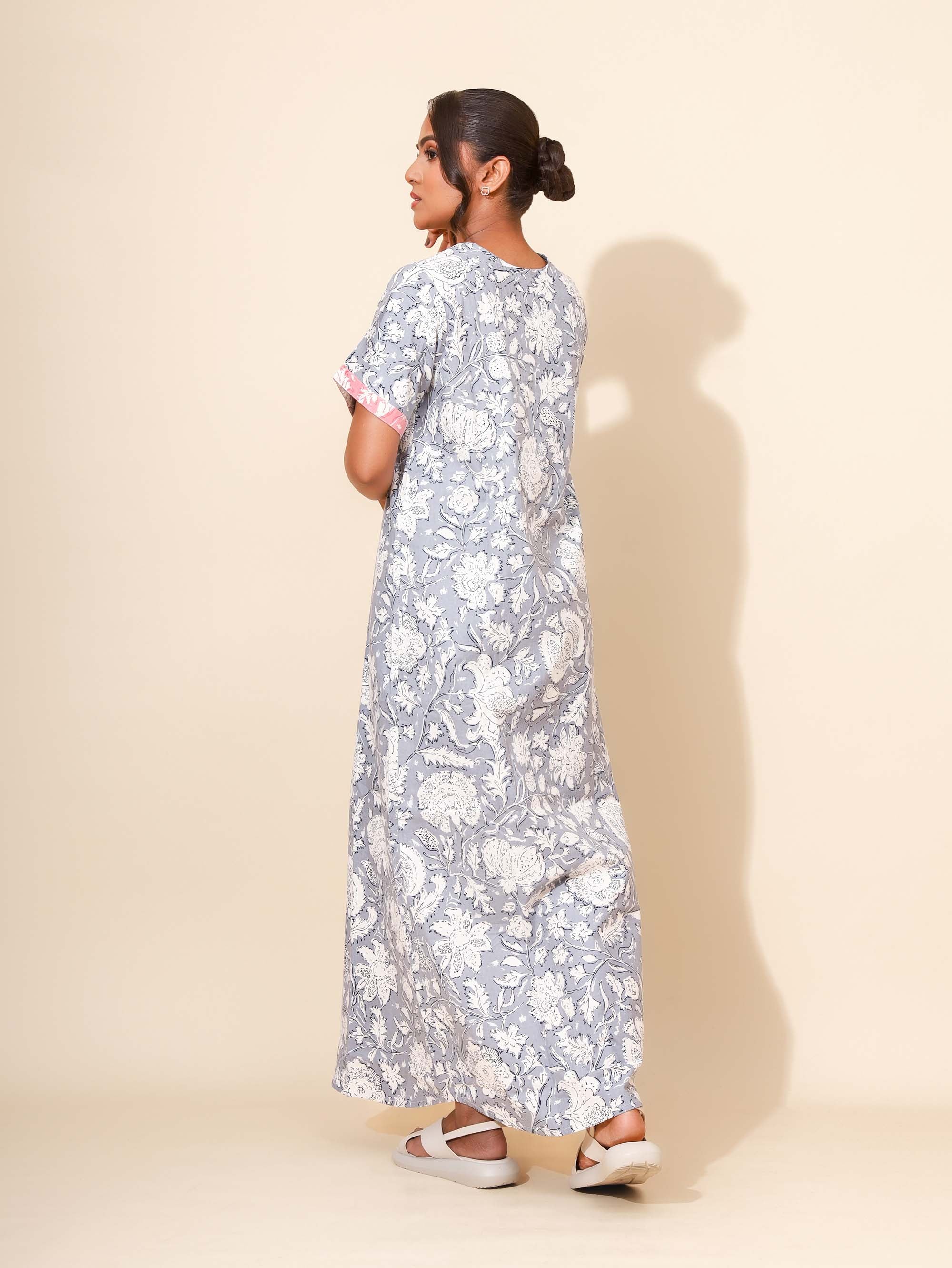 Yellow Bloom Petals in Bloom Nighties for Women | Maxi Dress | Gray and Pink Floral Print | Comfortable Daily Wear | Family Wear | Ankle Length | Lounge Nighty | V Neck | Pure & Breathable Cotton