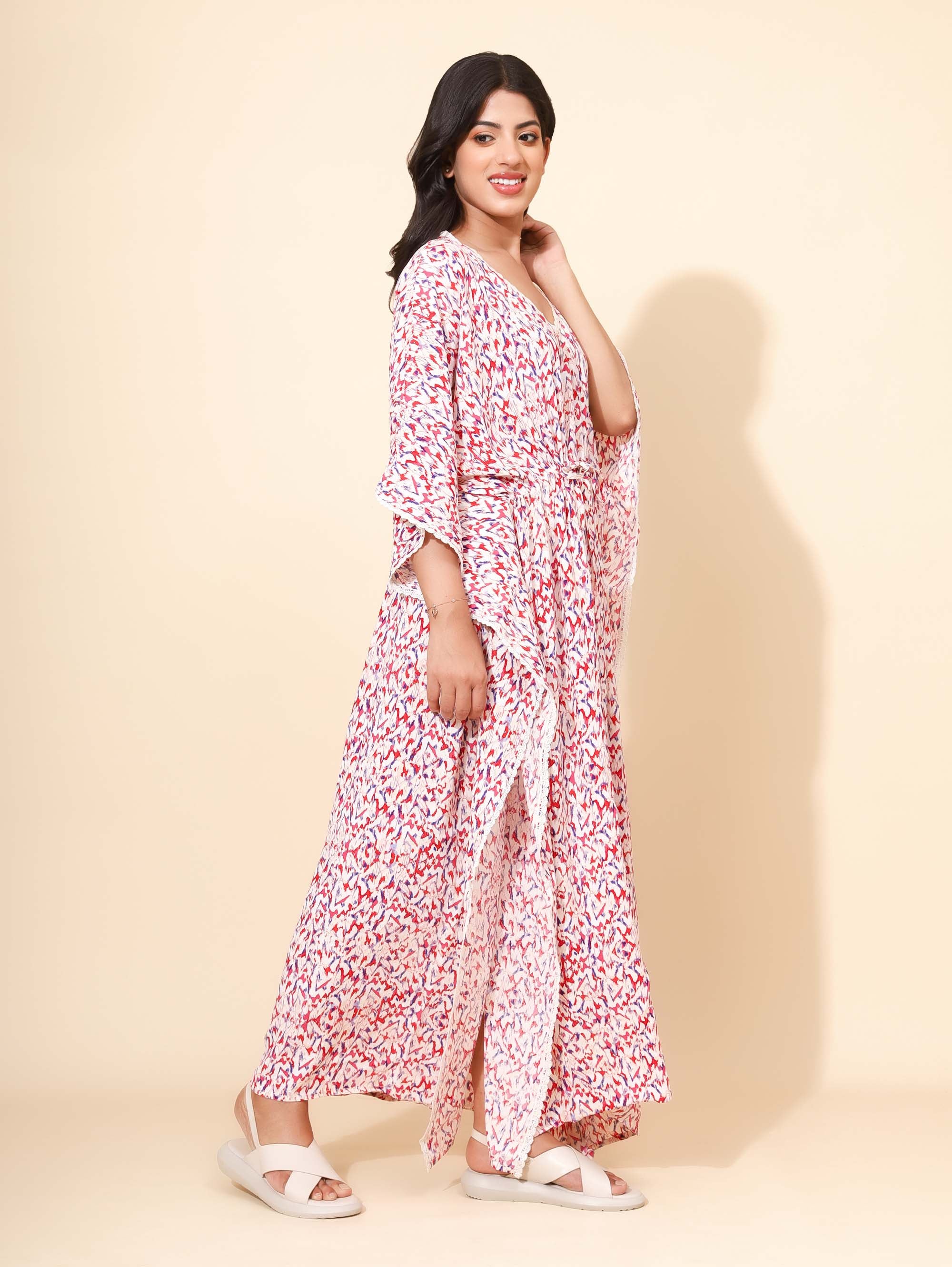 Yellow Bloom Royal Rose Kaftan Nighties for Women | Maxi Dress | Pink and White | Abstract Print with Lace | Daily Wear | Ankle Length | Work from Home Wear | Lounge Nighty | Beach Cover-up | Viscose