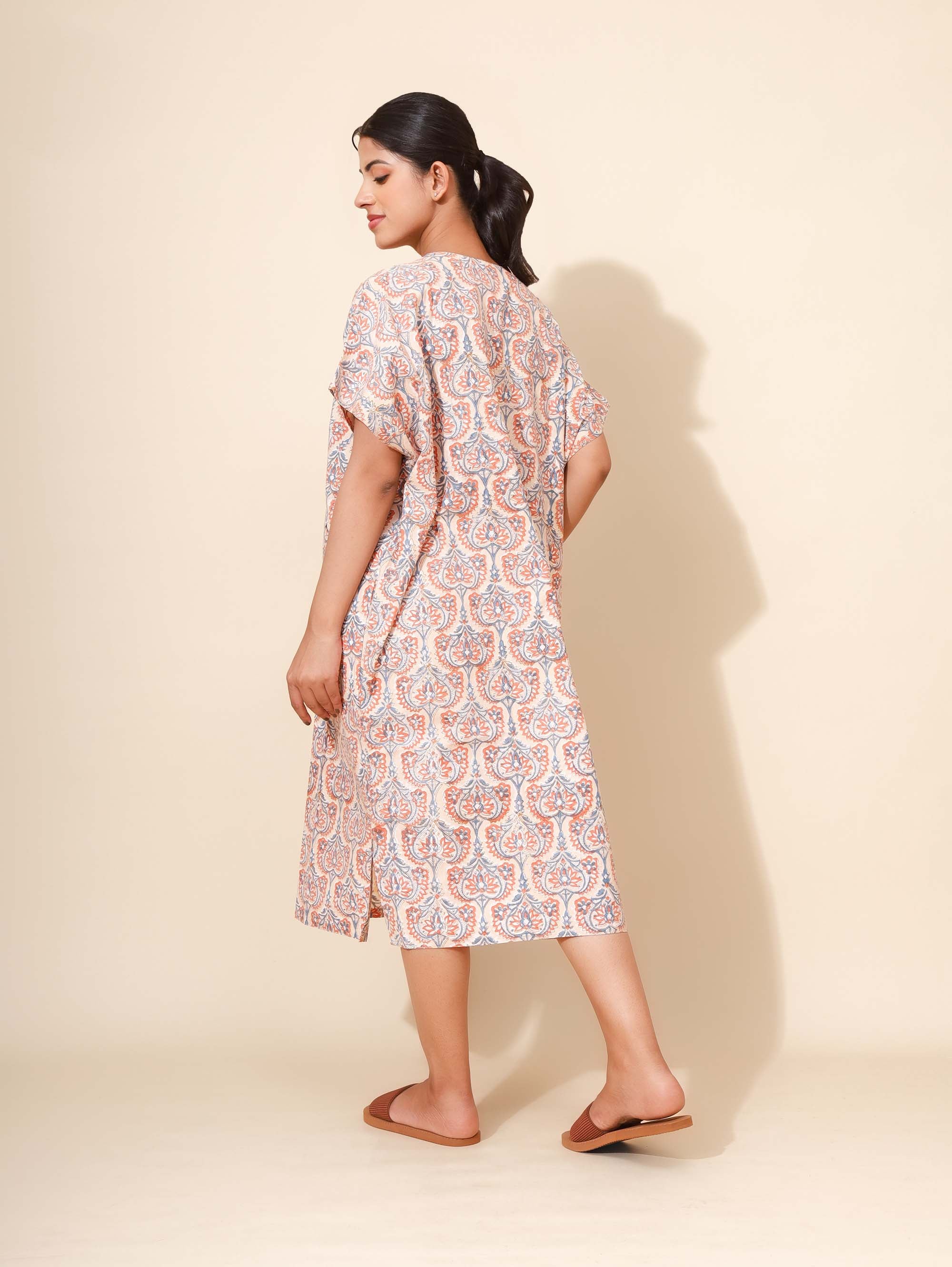 Yellow Bloom Sunset Mirage Kaftan Nighties for Women | Short Dress | Orange and Grey Floral Print | All-day Dress | Vacation Wear | Knee Length | Stylish and Versatile | Lounge Nighty | Pure Cotton