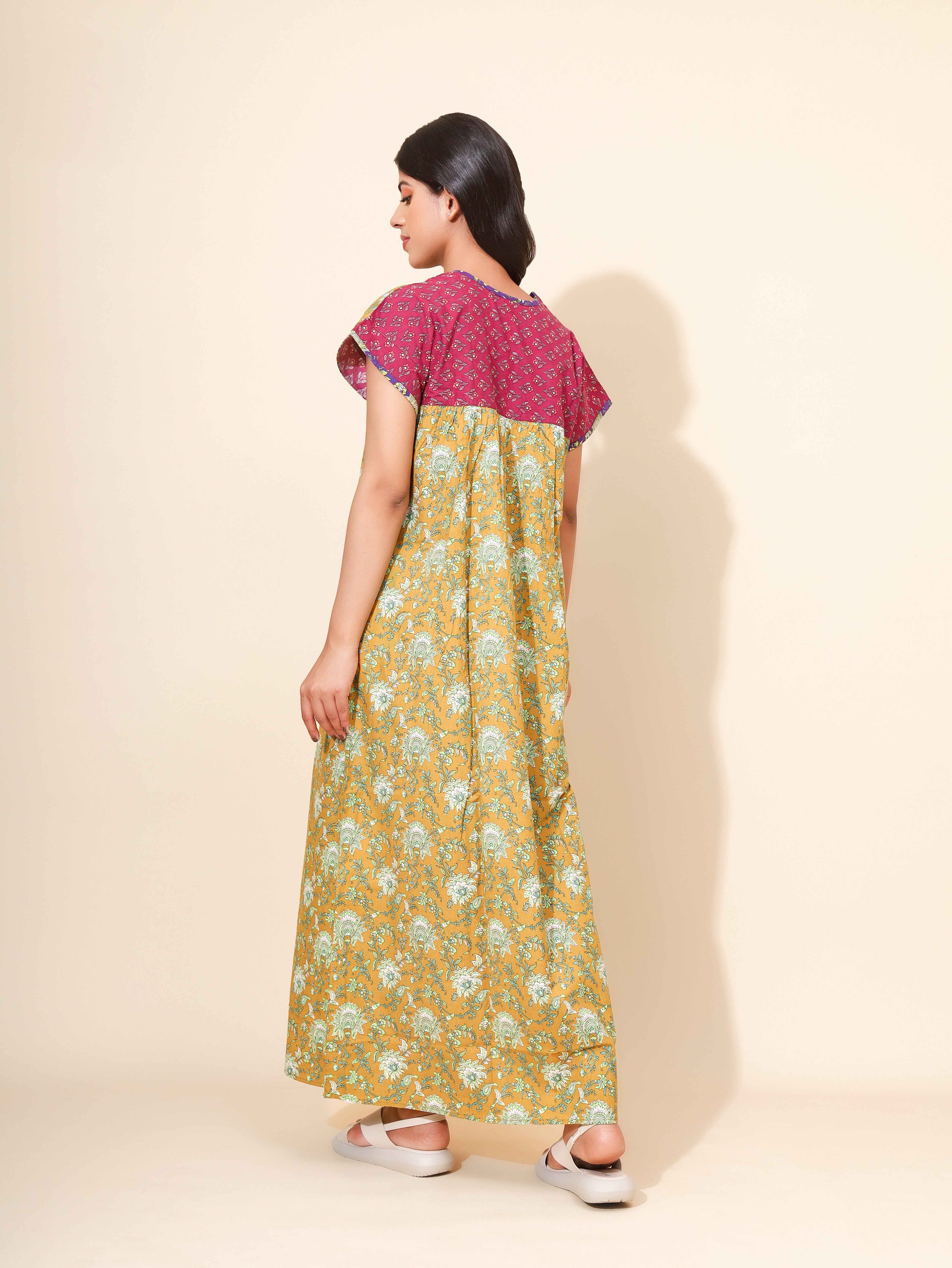 Yellow Bloom Sunlit Olive Fusion Bliss for Women | Green & Maroon | Maxi Dress | All-day Dress | Work from Home Wear | Stylish Home Nighty | Ankle Length | Aesthetic Appeal | Pure Cotton