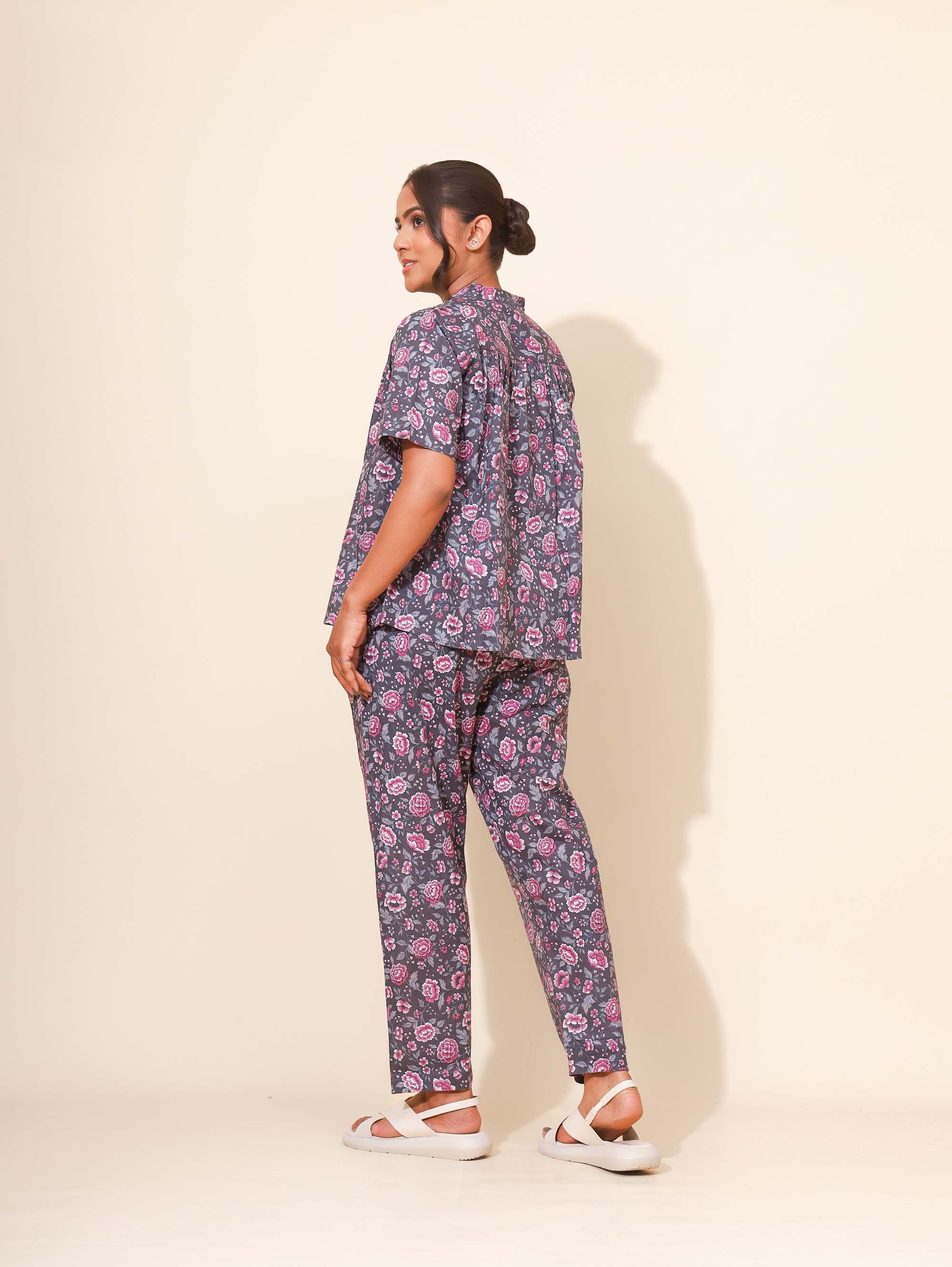 Yellow Bloom Rosy Night Bloom Co ord Pant Set for Women | Pyjama and Top | Gray and Pink with Flower Print| Daily Wear | Nuclear families/Hostels/PGs Wear | Travel Wear | Lounge Dress | Pure Cotton
