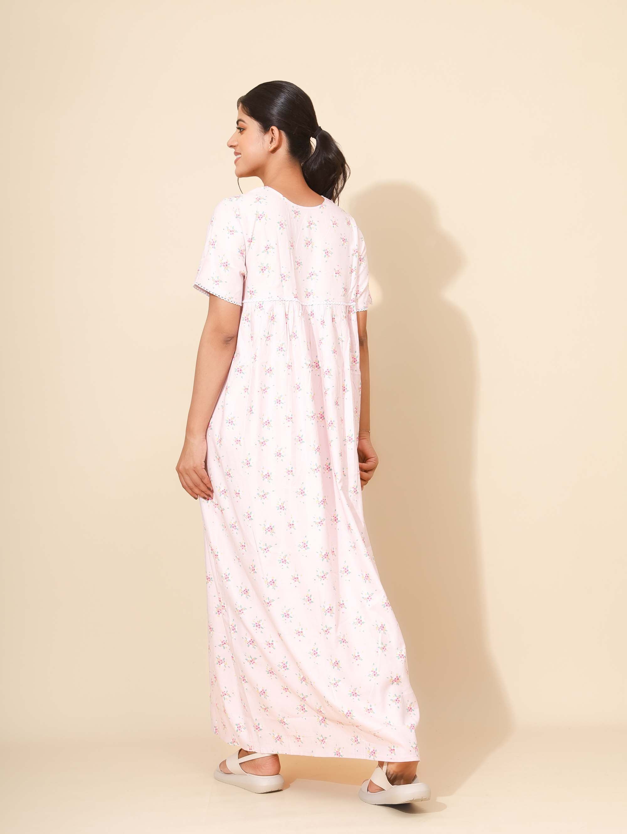 Yellow Bloom Petals in Pink Nighties for Women | Maxi Dress | Pink with Floral Print | All-day Home Wear | Families Wear | Ankle Length | Night Gown | Lounge Wear | Round Neck | Rayon | Viscose
