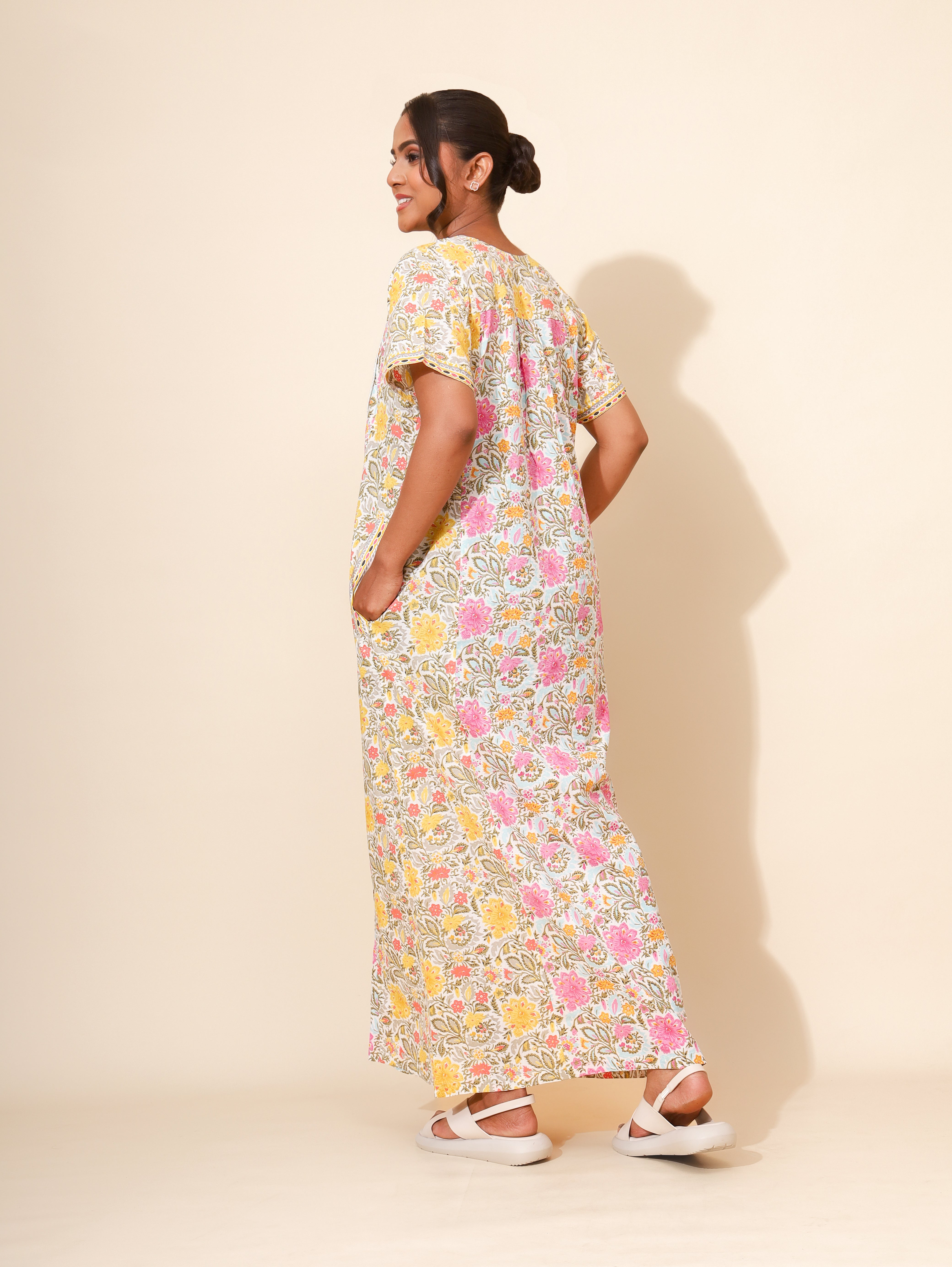 Yellow Bloom Sunny Petal Medley Nighties for Women | Yellow and Pink | Maxi dress | Patchwork and Lace | Elegant Design | All-day Wear | Ankle Length | Stylish Nightwear | Front Placket | Pure Cotton