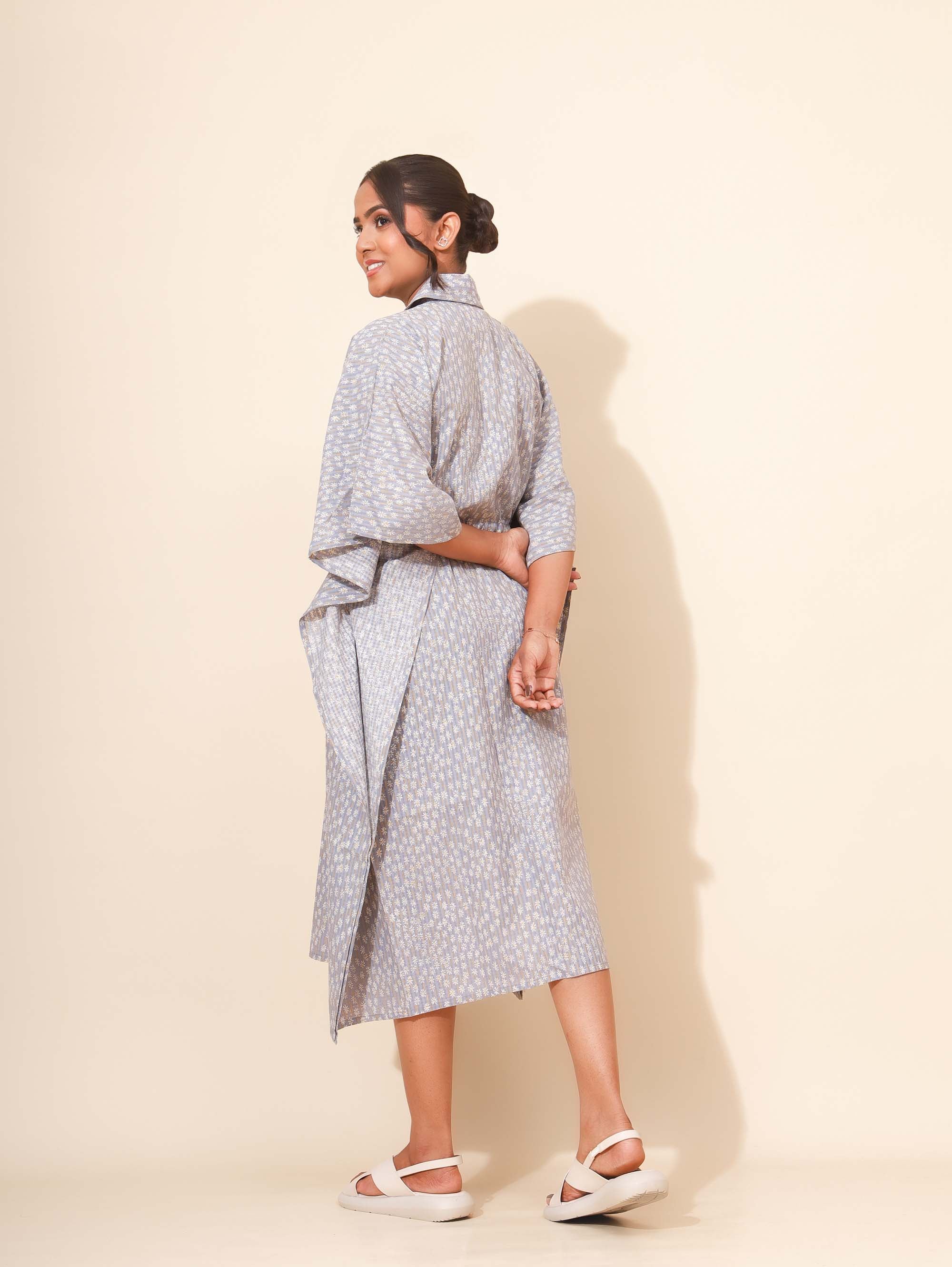 Yellow Bloom Sunlit Slate Bloom Kaftan Nighties for Women | Short Dress | Grey Floral Print | All-day Wear | Travel & Leisure Dress | Knee length | Stylish and Versatile | Lounge Nighty | Pure Cotton