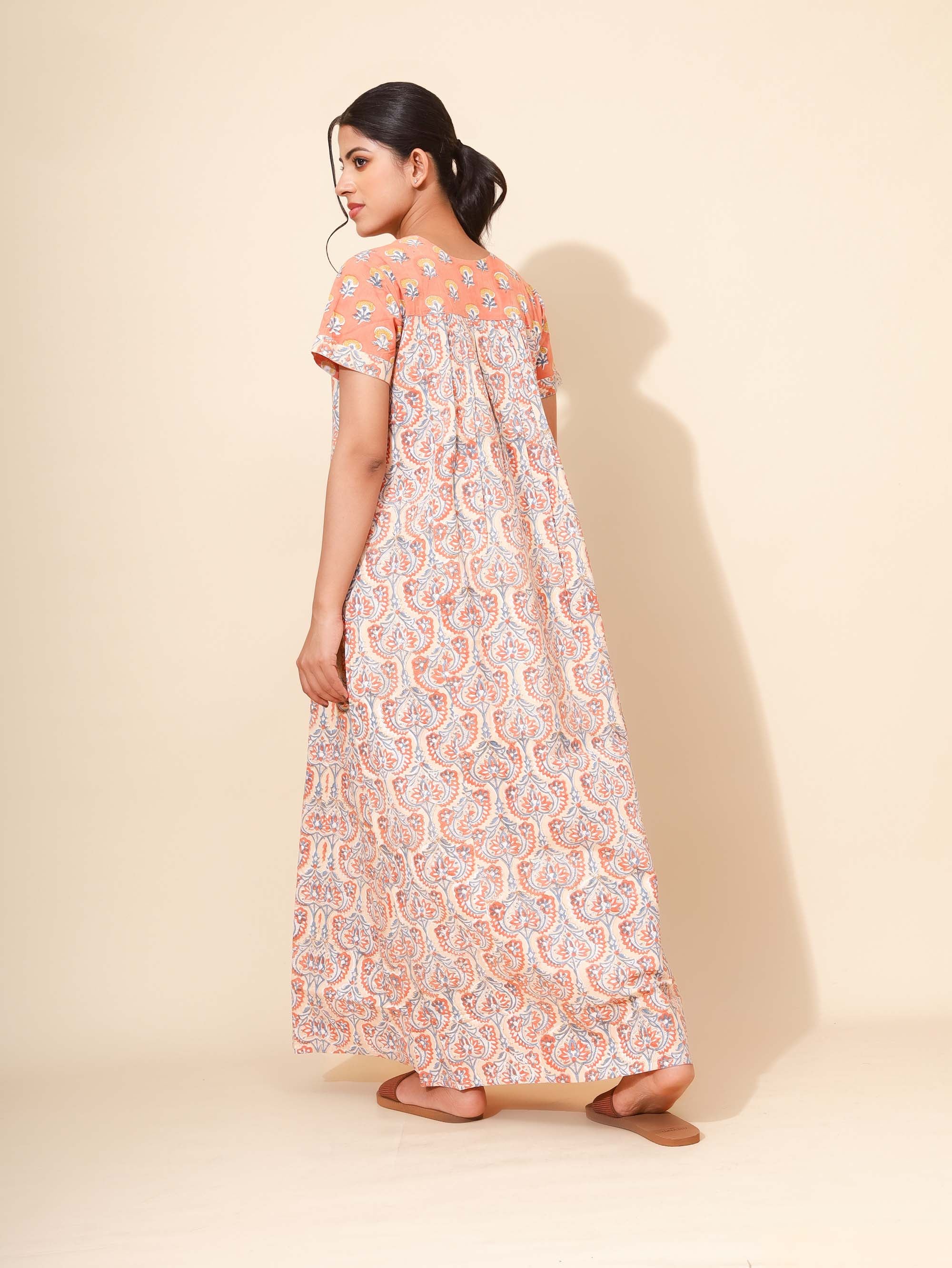 Yellow Bloom Citrus Mist Nighties for Women | Maxi Dress | Orange & Grey | Comfortable Daily Wear | Work from Home Wear | Ankle Length | Stylish Wear | Lounge Nighty | Pure Cotton