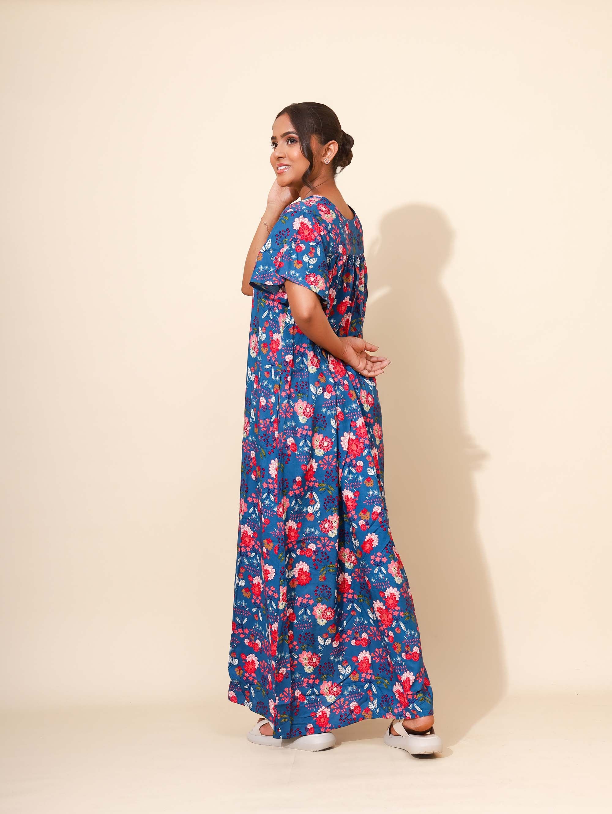 Yellow Bloom Sapphire Blossom Nighties for Women | Maxi Dress | Blue and Red with Floral Print | All-day Comfortable Dress | Family Wear | Lounge Nighty | V Neck | Viscose