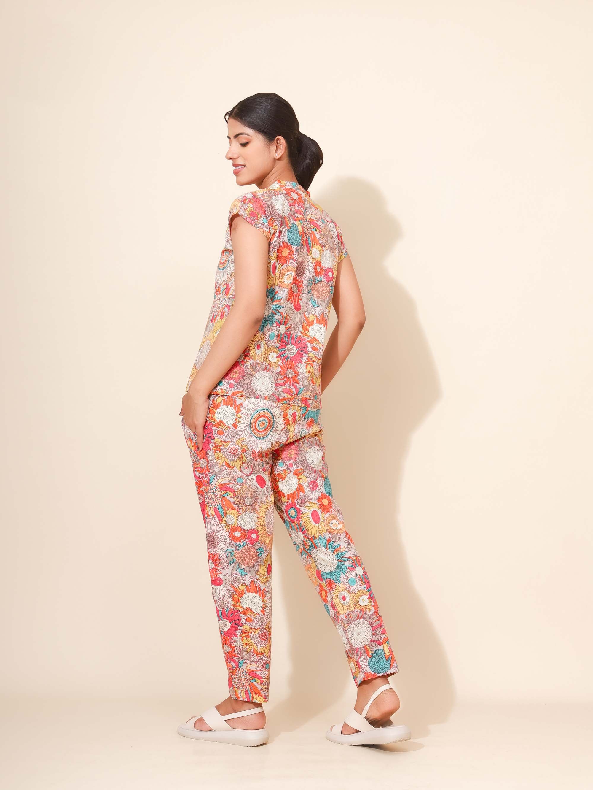 Yellow Bloom Floral Symphony Co ord Pant Set for Women | Pyjama and Top | Multicolor with Flower Print| All-day Wear | Hostels/PGs/Campus Wear | Travel Wear | Picnic Wear | Lounge Dress | Pure cotton