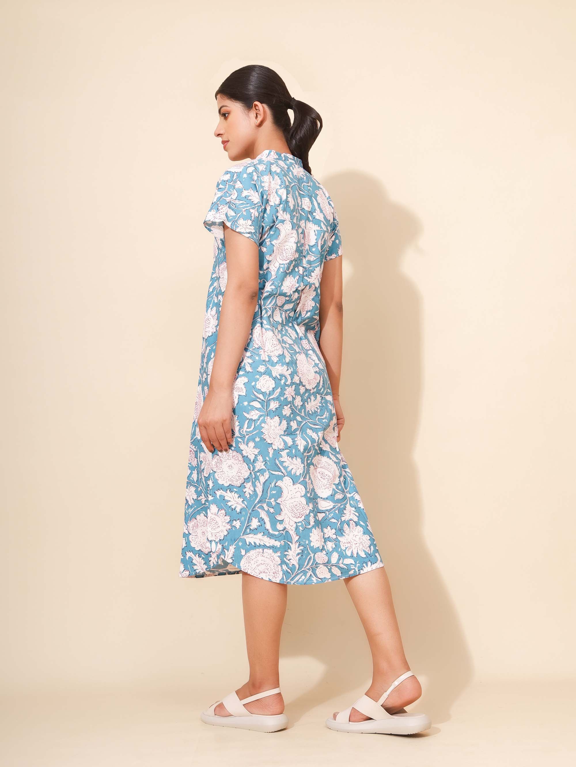 Yellow Bloom Azure Whirlwind Nighties for Women | Short Dress | Aqua Blue and White | Comfortable Wear | PGs/Campus Wear | Knee Length | Stylish Nighty | Button Closure | Front Placket | Pure Cotton