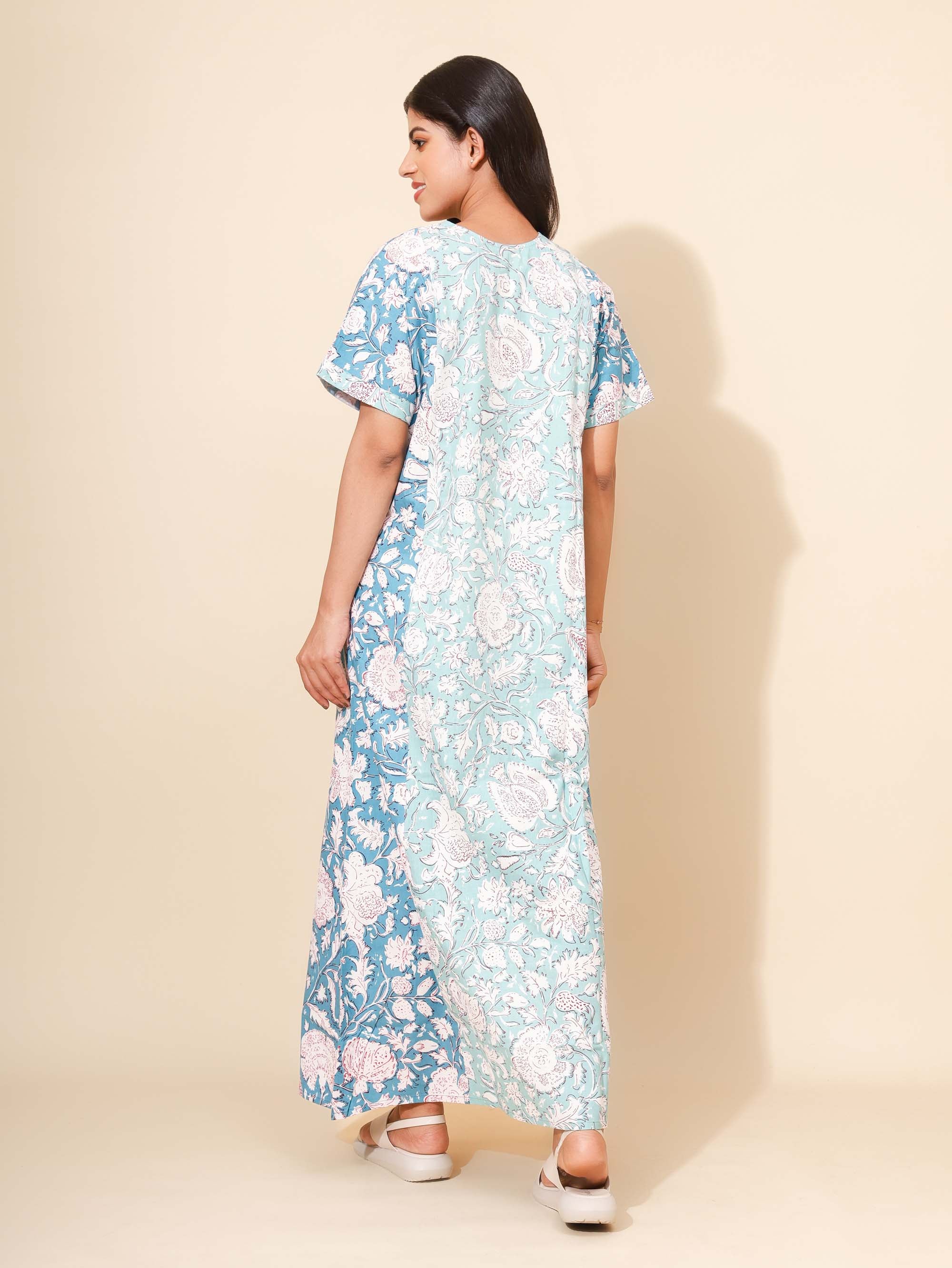 Yellow Bloom Aqua Marine Serenity Nighties for Women | Long Dress | Aqua Blue & Sea Green | Comfortable and Stylish Wear | Ankle Length | Nightgown | Floral Prints | Pure Cotton