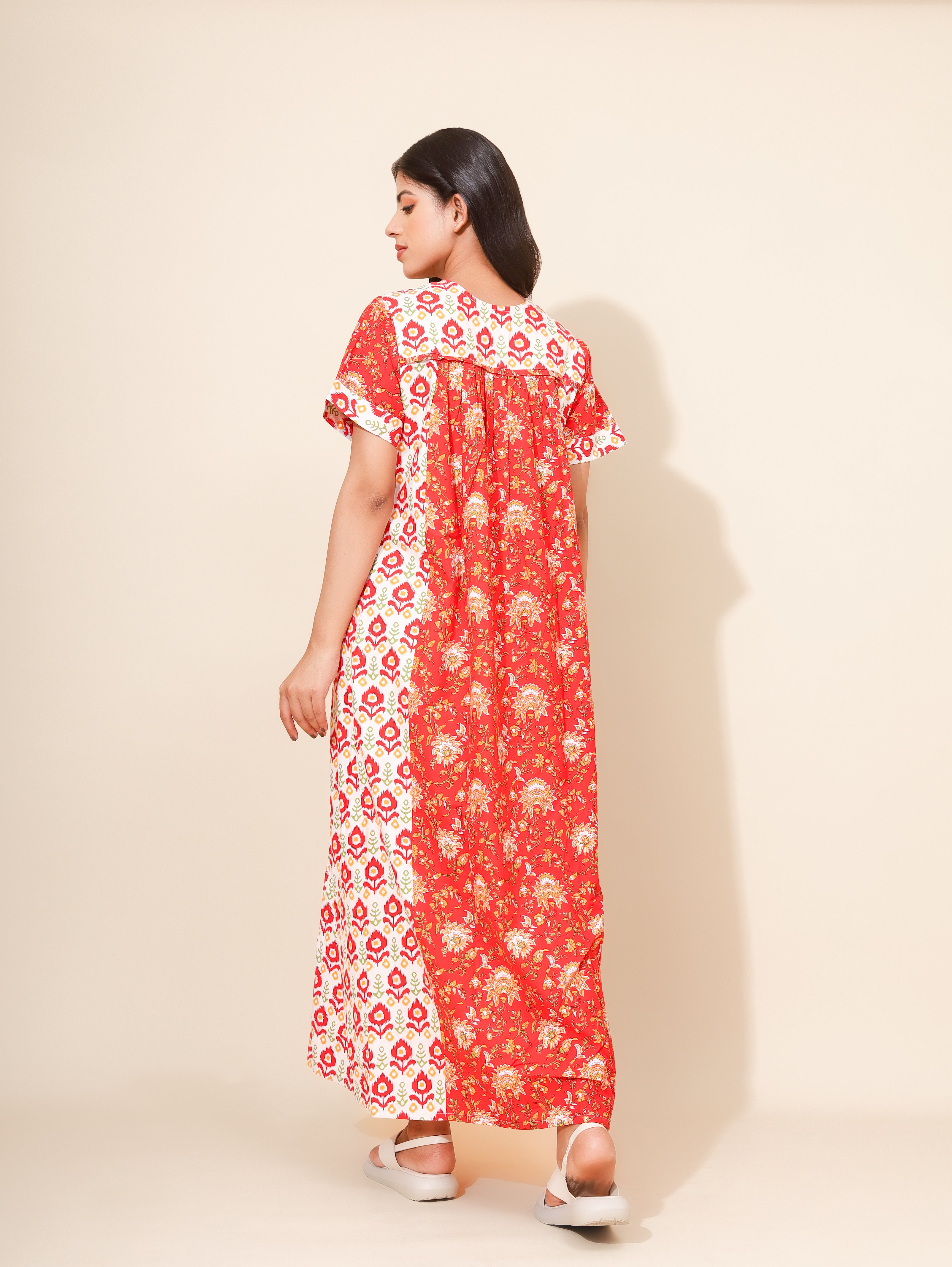 Yellow Bloom Crimson Bloom for Women | Maxi Dress | Red and White | All-day Wear | Home/Hostel/PGs Dress | Ankle Length | Elegant Design Nighty | Stylish Nightwear | Front Placket | Pure Cotton