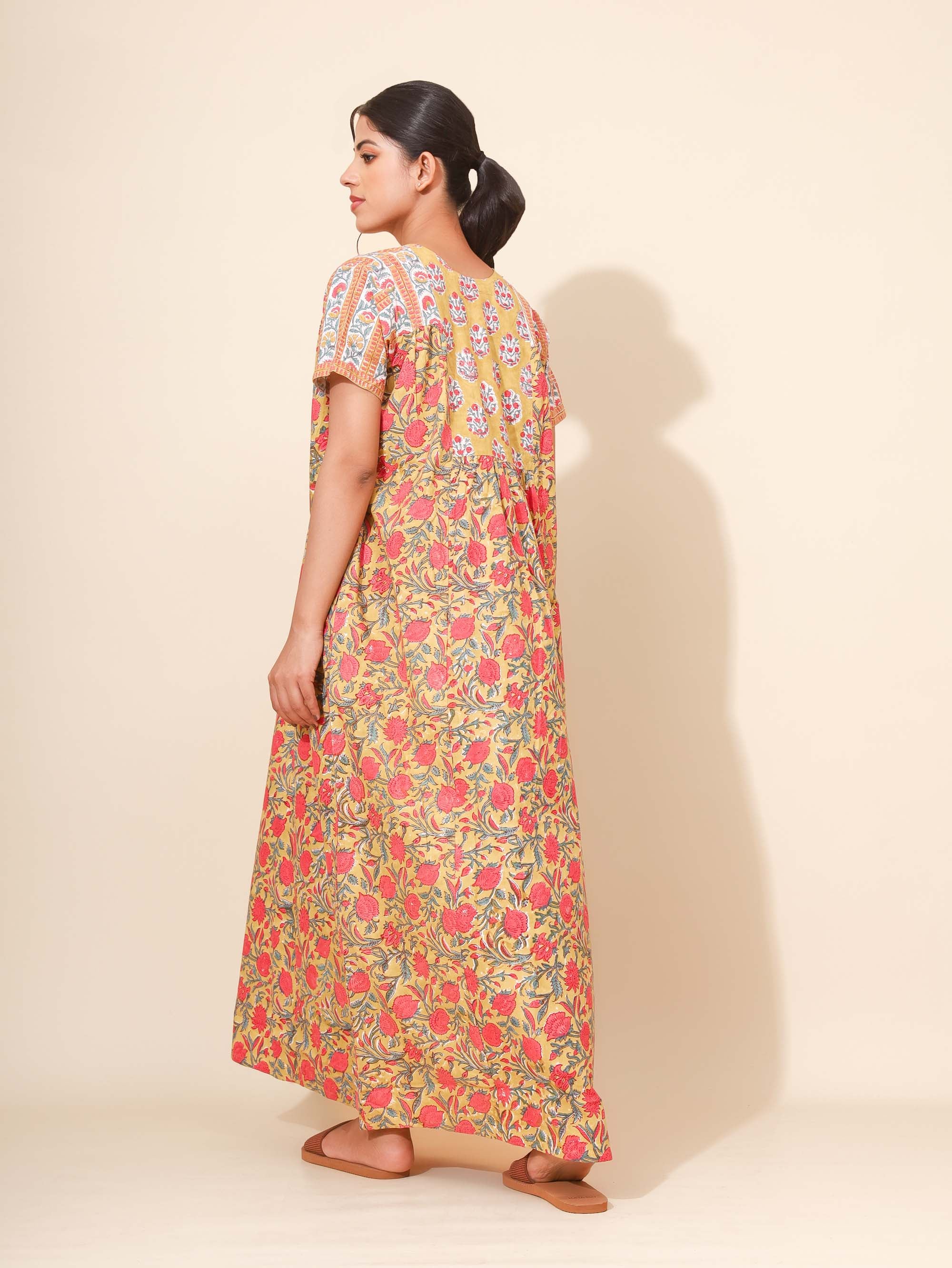 Yellow Bloom Golden Rose Garden Kaftan Nighties for Women | Maxi Dress | Rust & Rose Pink | Hand Block Print | Daily Wear | Ankle Length | Stylish and Versatile | Lounge Dress | Night Wear | Viscose