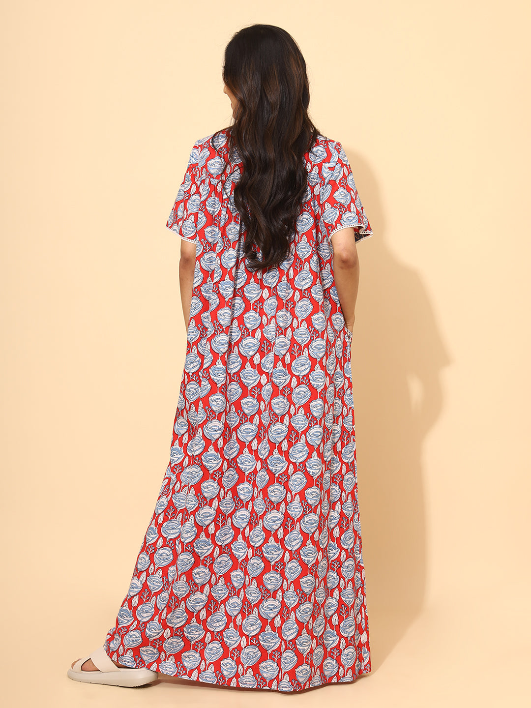 Yellow Bloom Chrimson Rose Nighties for Women | Red and White Maxi Dress | Abstract Print | Comfortable Daily Wear | Casual Wear | Ankle Length | Stylish Nighty | Contrast Neck | Pure Cotton