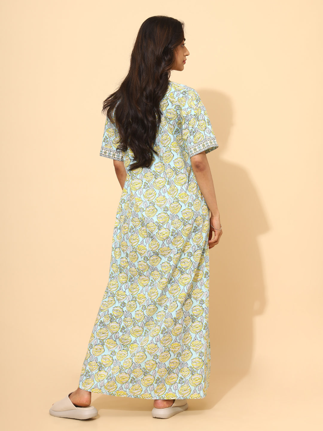 Yellow Bloom Sky Bloom Nighties for Women | Blue and Yellow Maxi Dress | Contrast Border Print | Daily Wear | Lounge Wear | Ankle Length | Stylish Nighty | Side Pocket | Pure Cotton