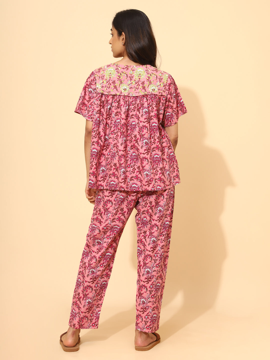 Yellow Bloom Maroon Blossom Co ord Pant Set for Women | Pyjama and Top | Pink and Maroon Flower Print| Work from Home Wear | Night Wear | Staycation | Hostels/PGs Wear | Lounge Dress| Pure Cotton