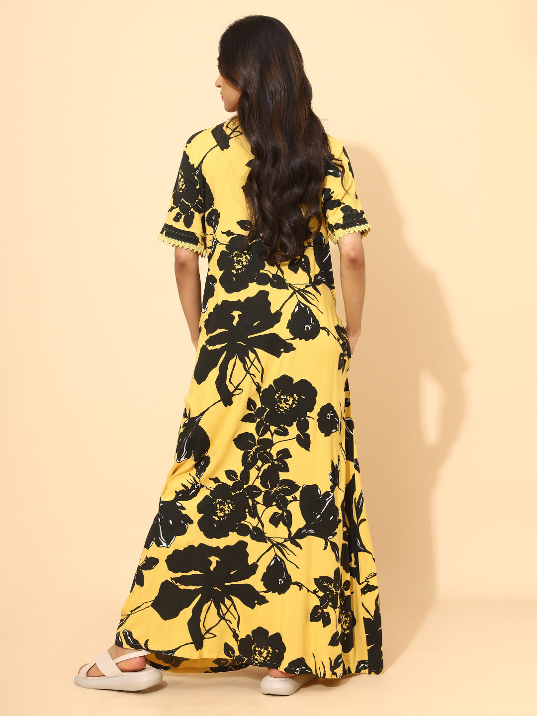 Yellow Bloom Sunburst Floral Nighties for Women | Yellow and Black Maxi Dress | Flower Print | Lounge Wear | Casual Wear | Ankle Length | Stylish Nighty | Viscose | Rayon