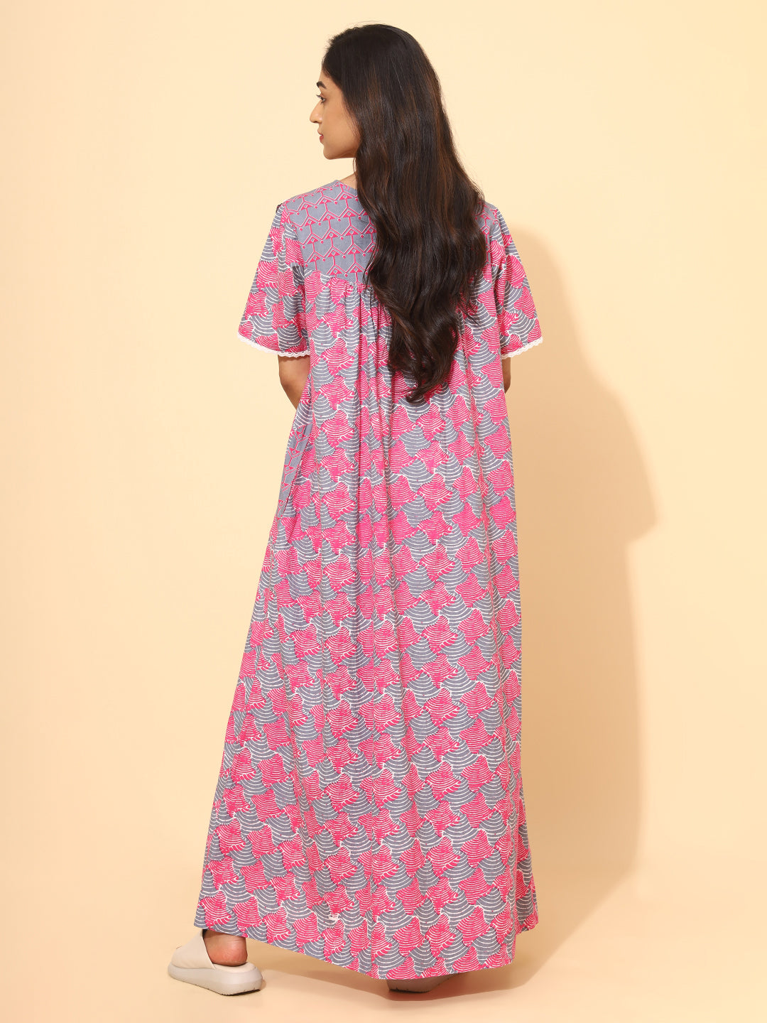 Yellow Bloom Refine Abstract Nighties for Women | Pink and Grey Maxi Dress | Abstract Print | Comfortable Daily Wear | Casual Wear | Ankle Length | Side Pockets | Front Placket | Pure Cotton