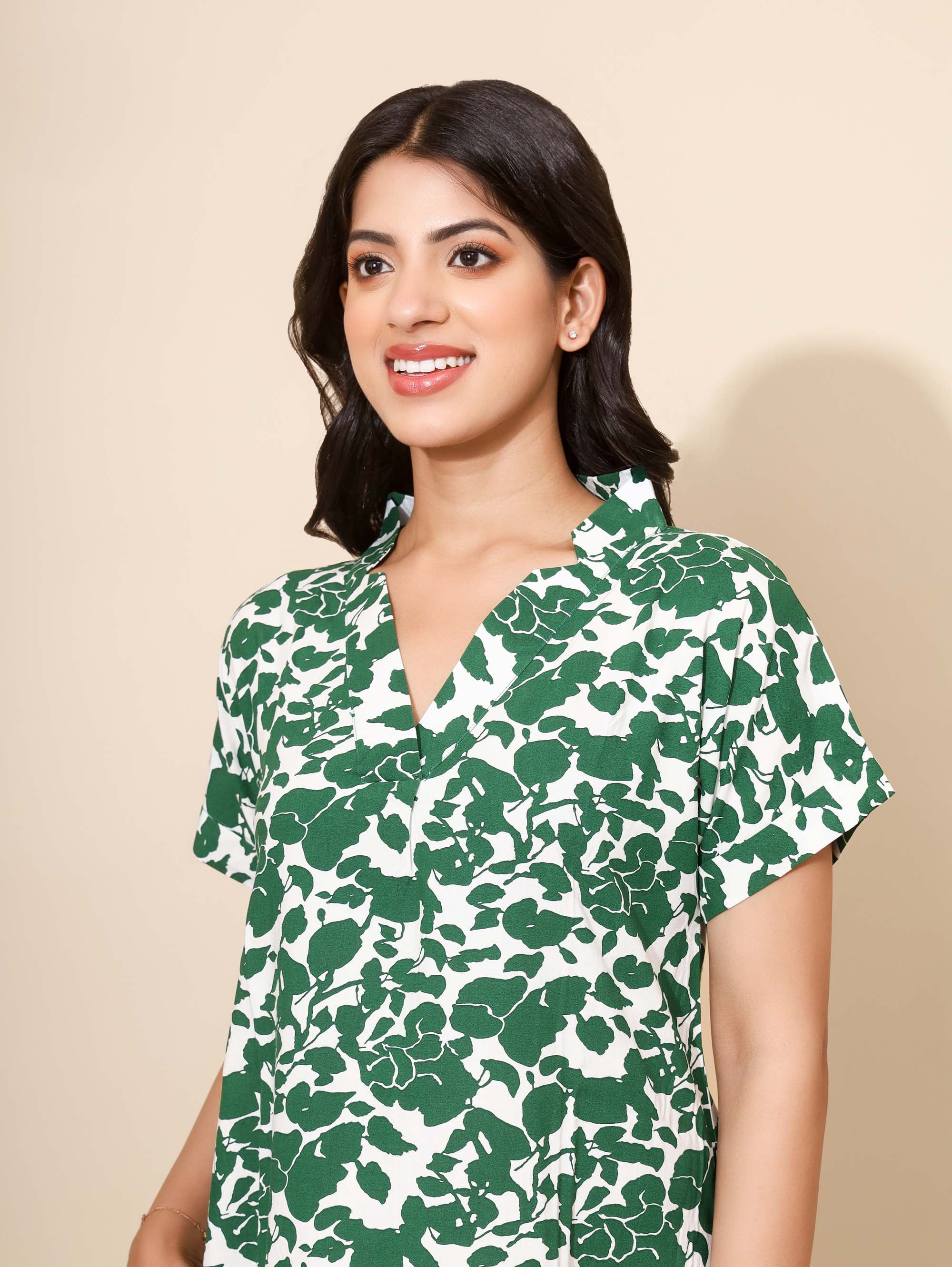Yellow Bloom Forest Elegance Nighties for Women | Short Dress | Green & White Floral Print | Knee Length | All-day Wear | Hostels/PGs/Campus Wear | Picnic Wear | Lounge Dress | Pure Cotton
