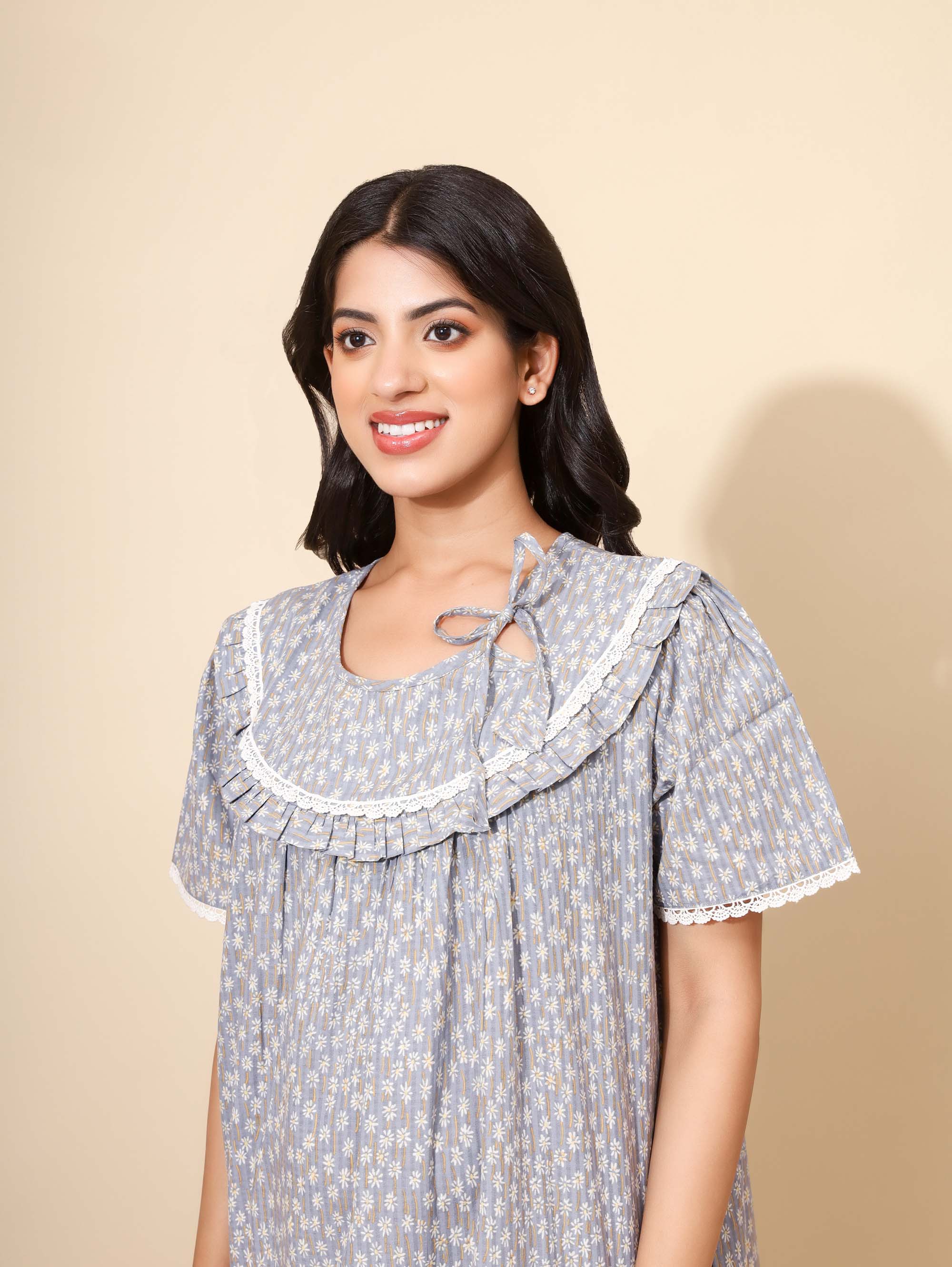 Yellow Bloom Graceful Harmony Nighties for Women | Maxi Dress | Grey and White | Lace Pattern | Comfortable All-day Wear | Work from Home Wear| Beautiful Neck Line | Lounge Nighty | Pure Cotton